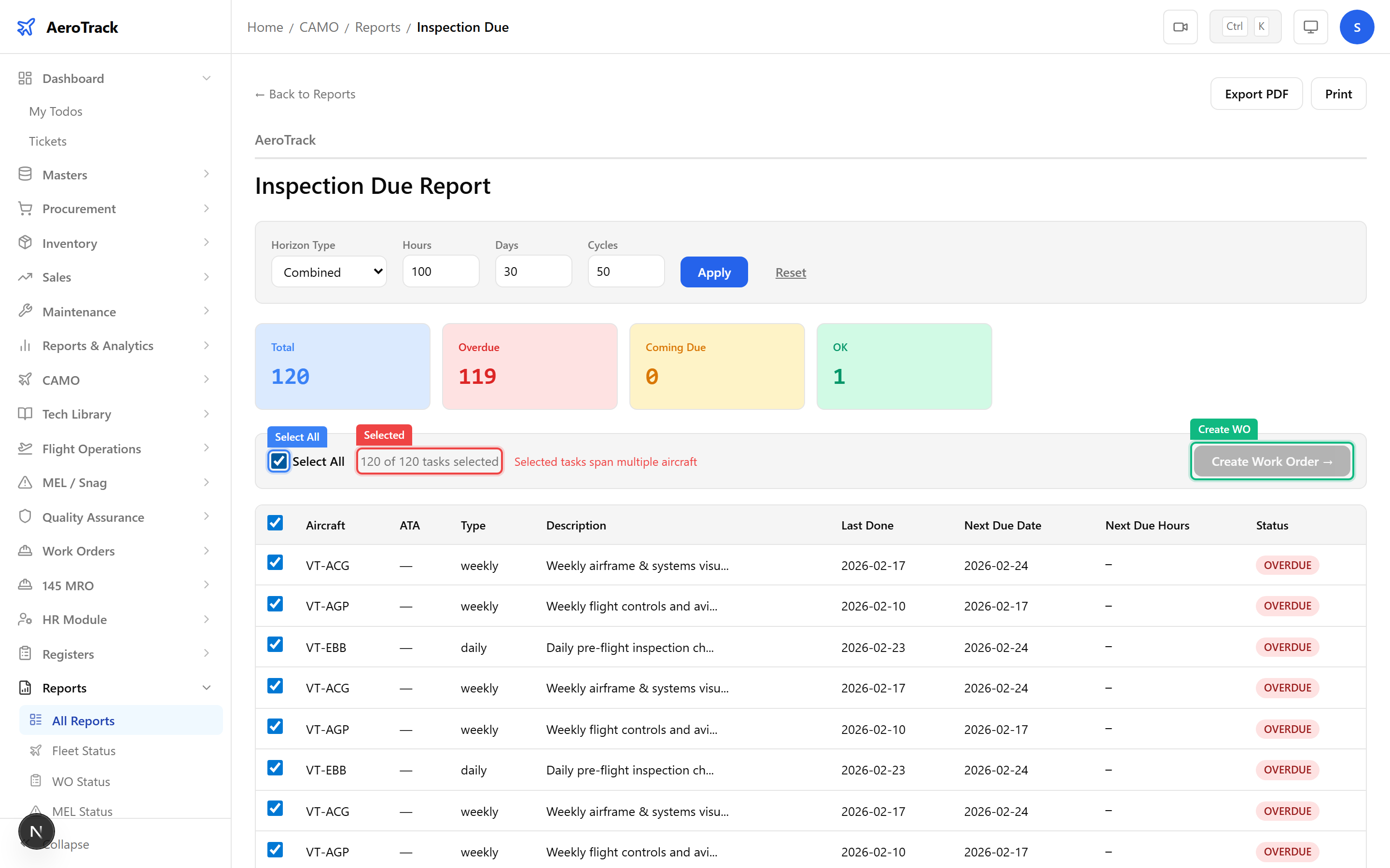 Selected inspection rows with selection count badge and Create Work Order button