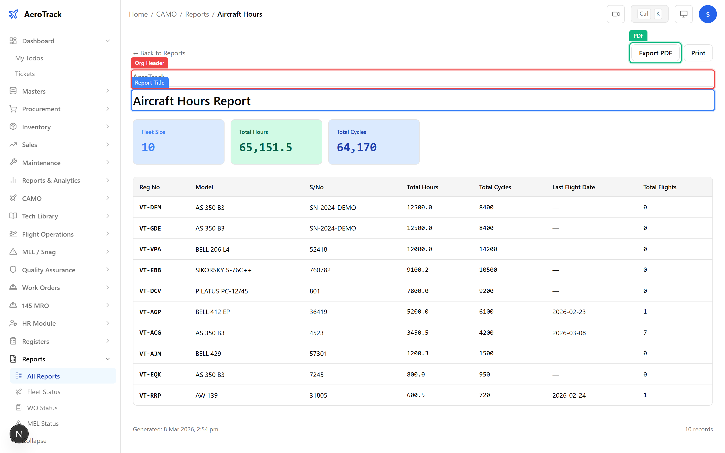 Aircraft Hours report showing registration, model, total hours, total cycles, and last flight date