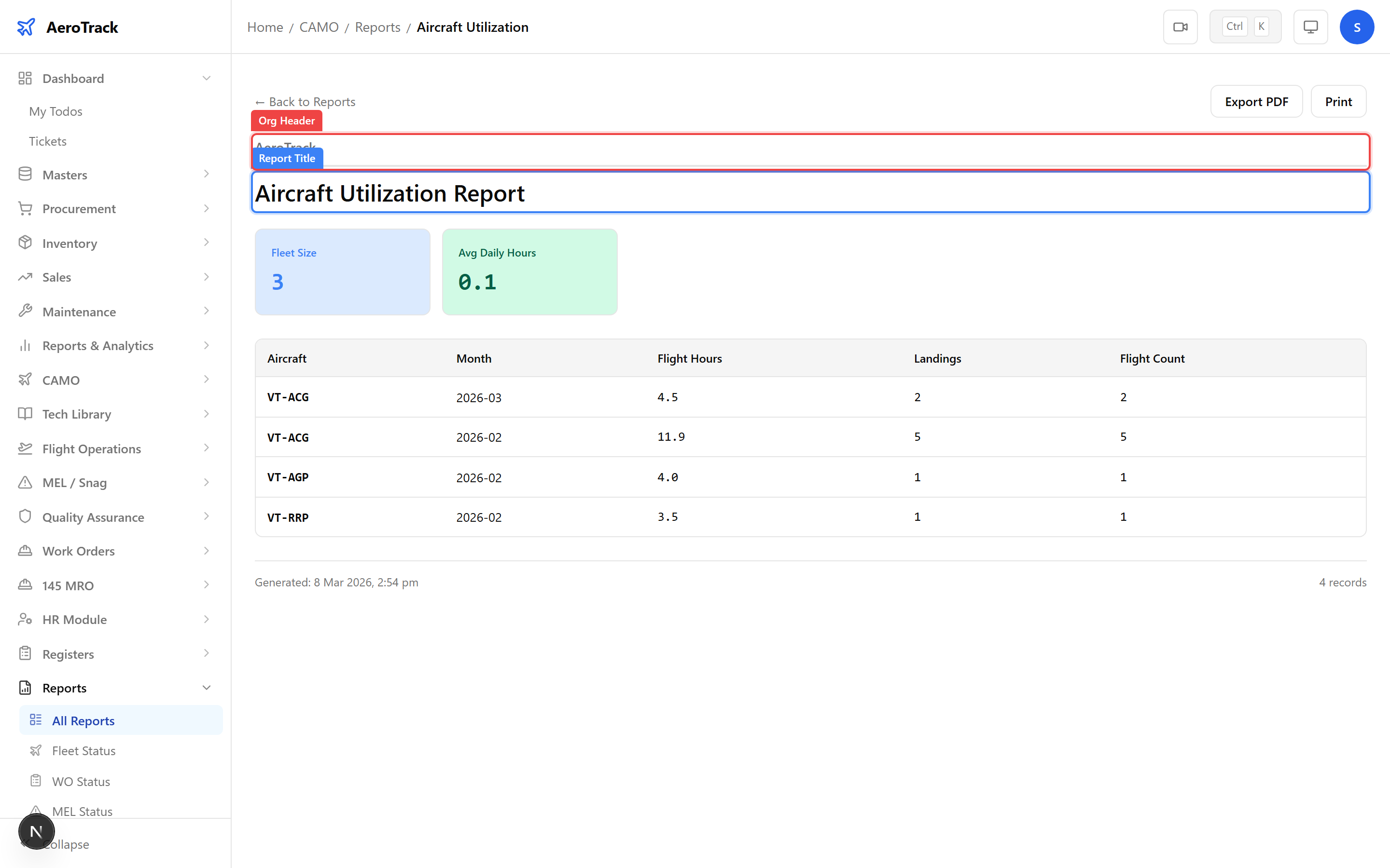 Aircraft Utilisation report showing daily/monthly averages and fleet comparison
