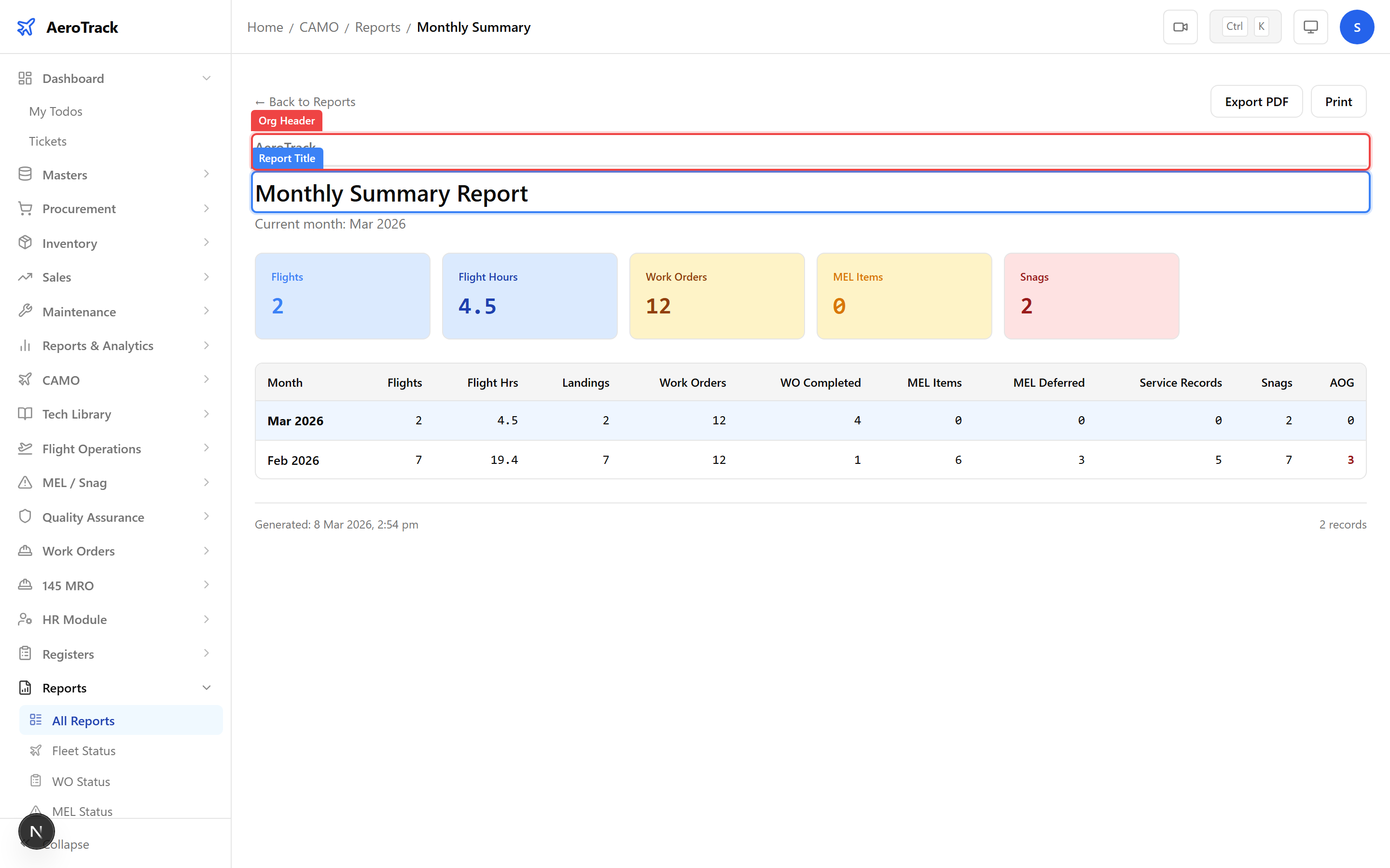 Monthly Summary report with month-by-month hours, cycles, flights, and fuel for the fleet