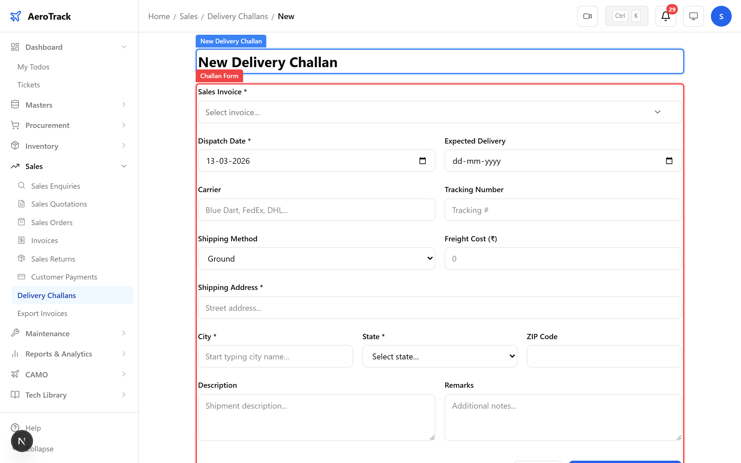 Delivery challan creation form