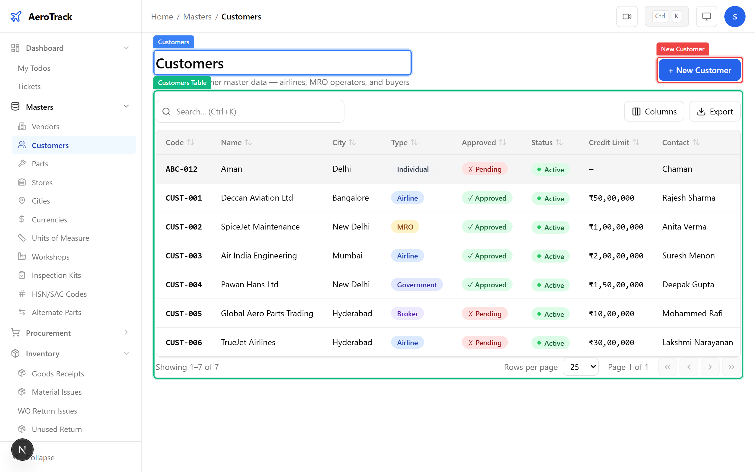 Customers list showing code, name, type, city, and contact