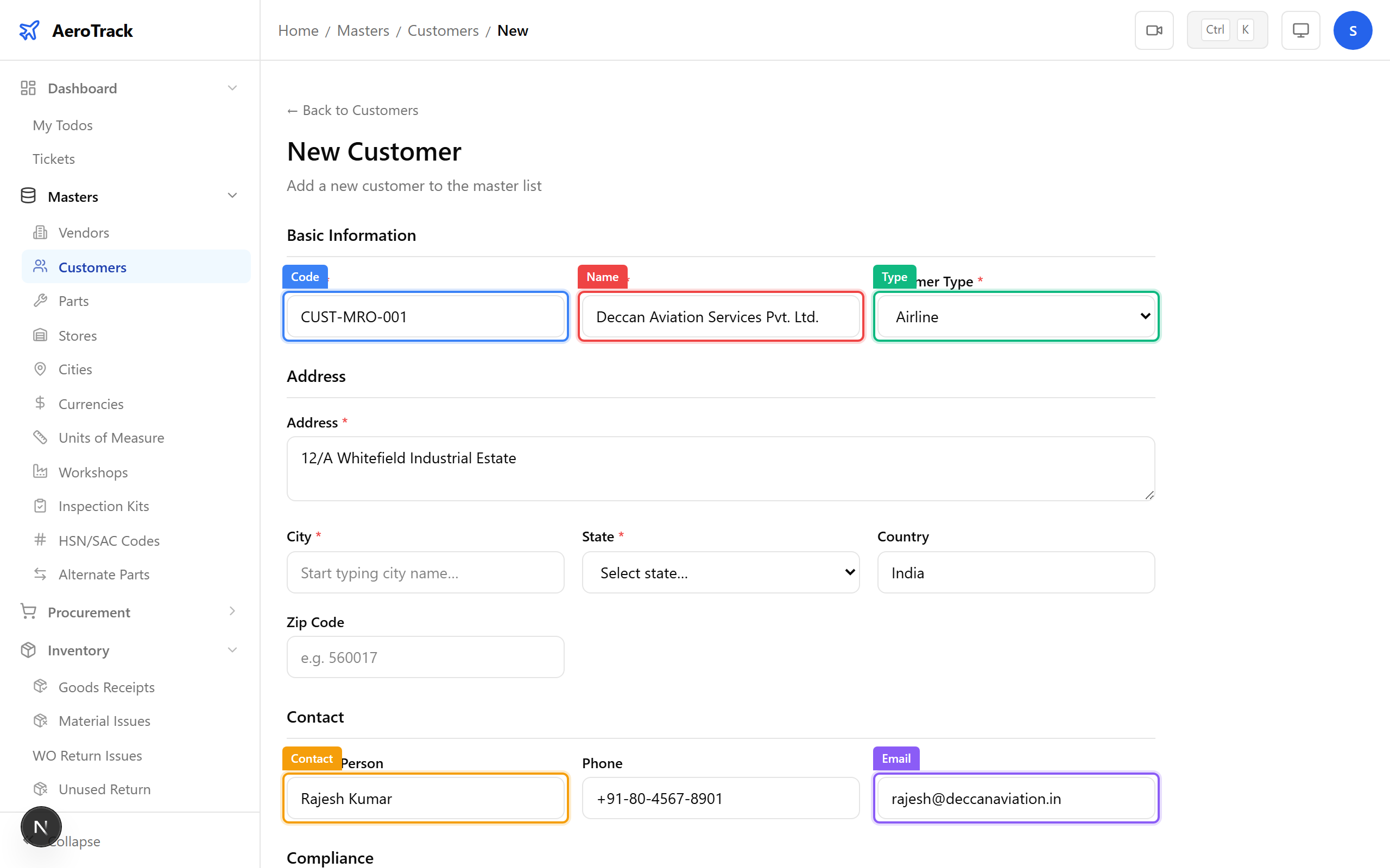 Customer form with code, name, type, address, and contact fields
