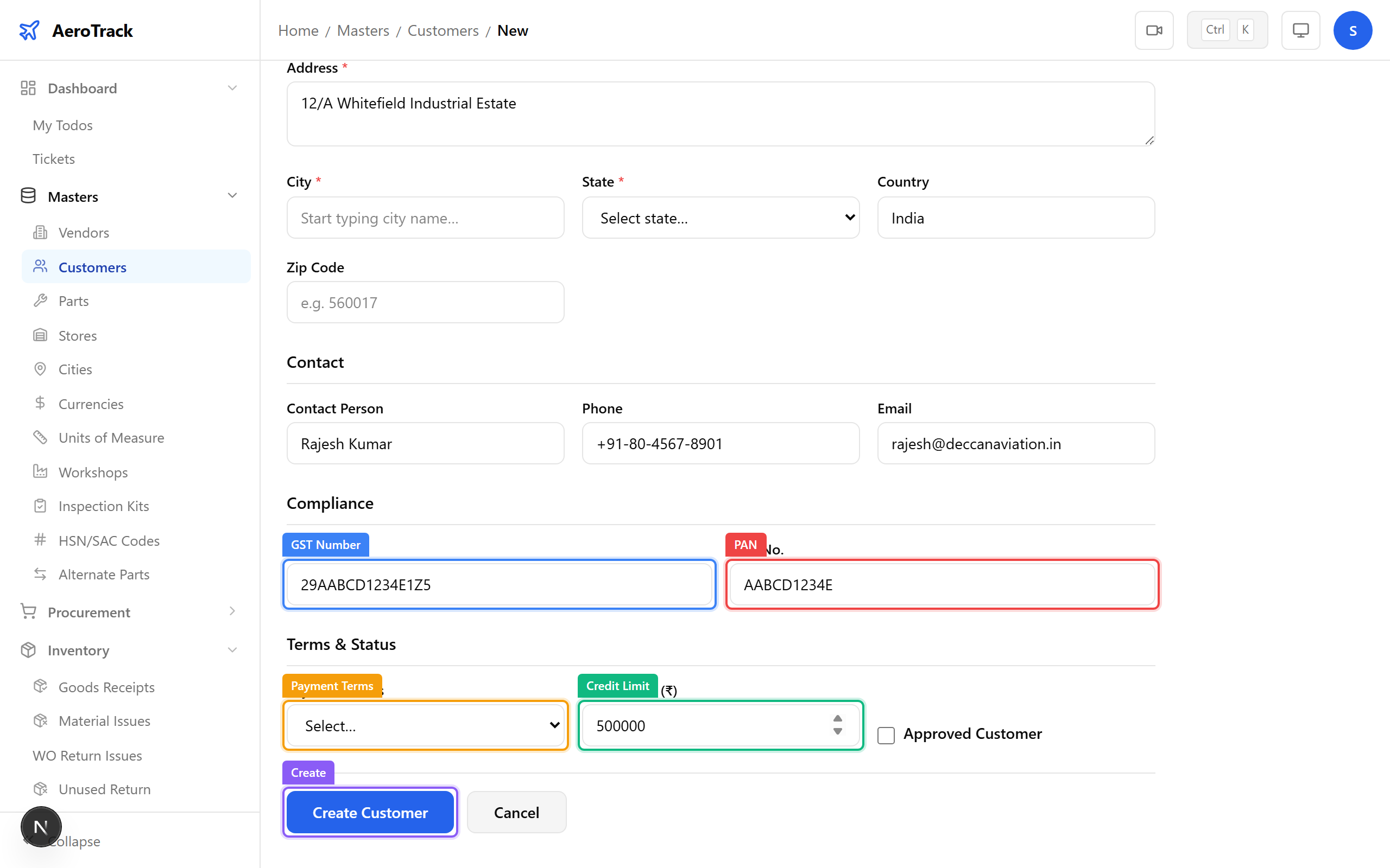 Customer form lower section with GST, PAN, payment terms, and credit limit