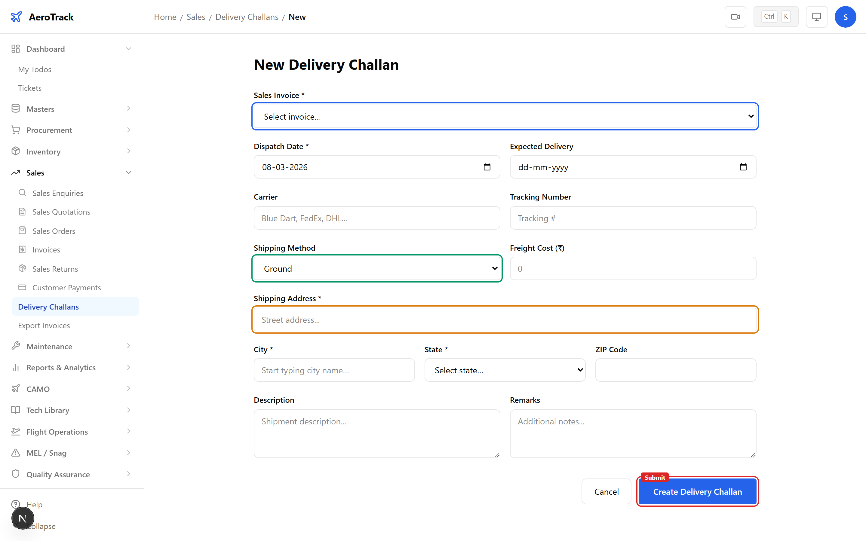 Delivery Challan form with invoice selector, shipping details, delivery address fields with city autocomplete, and shipped items table