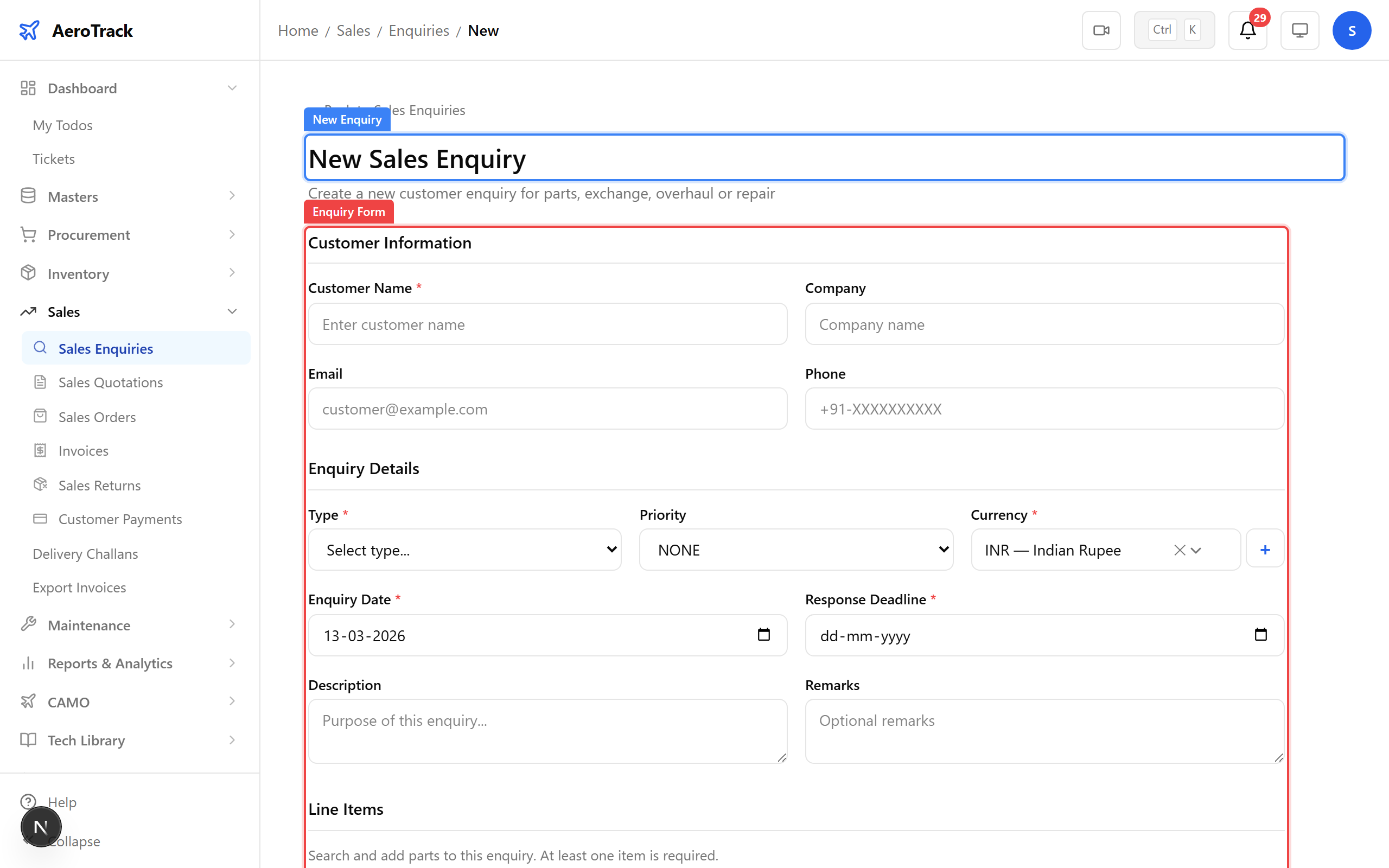 Enquiry creation form with all fields filled