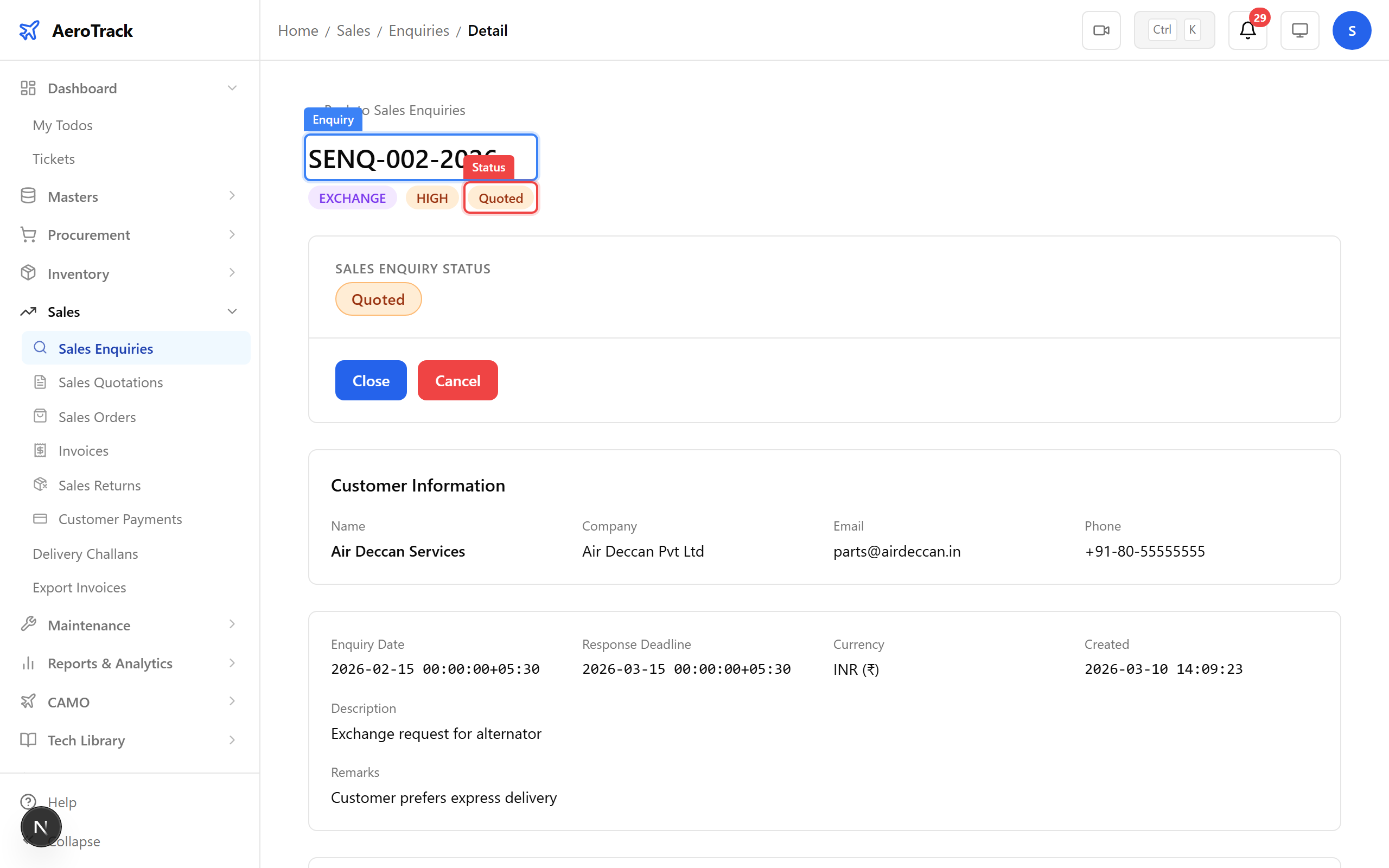 Enquiry detail showing DRAFT status