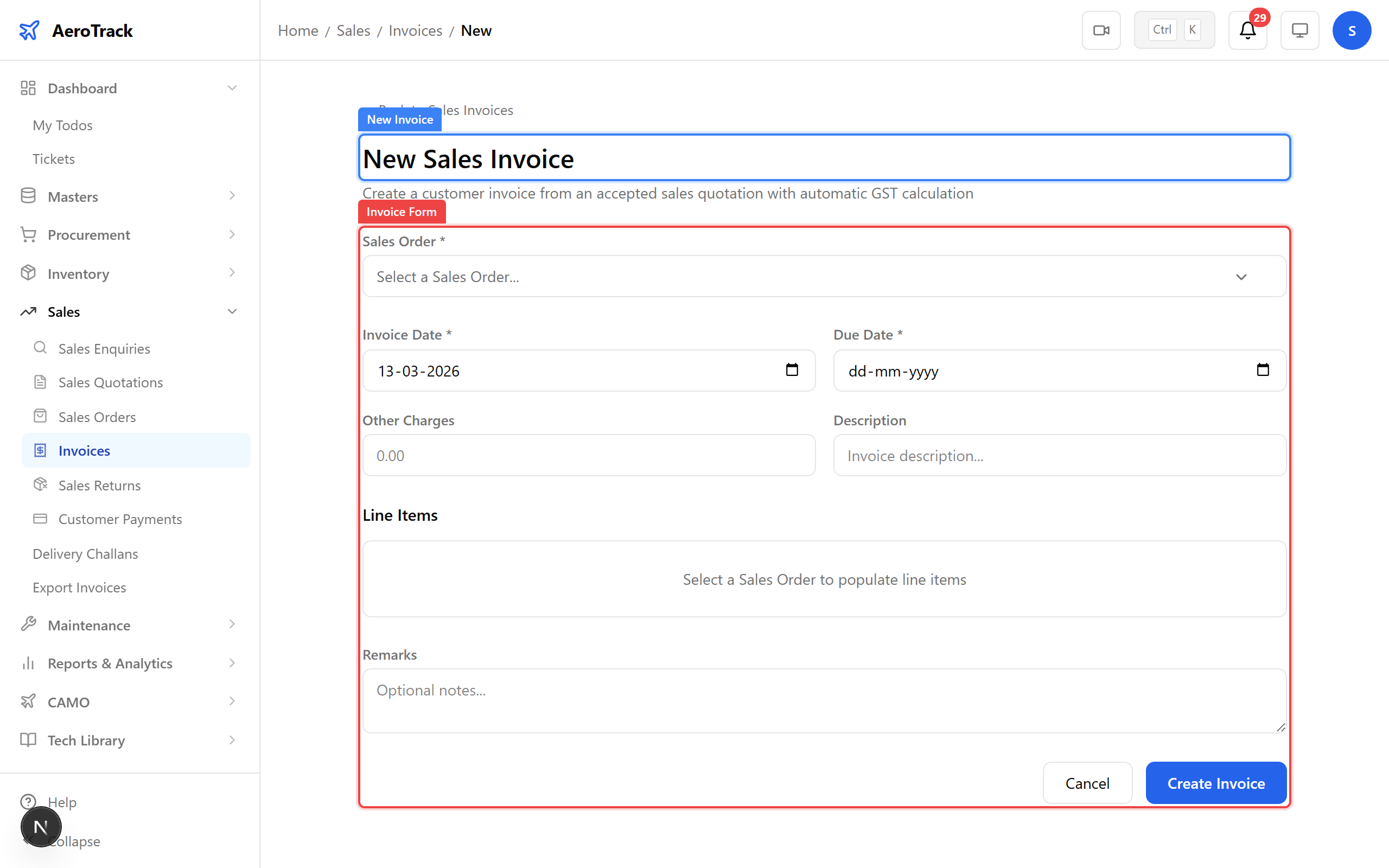 Invoice creation form