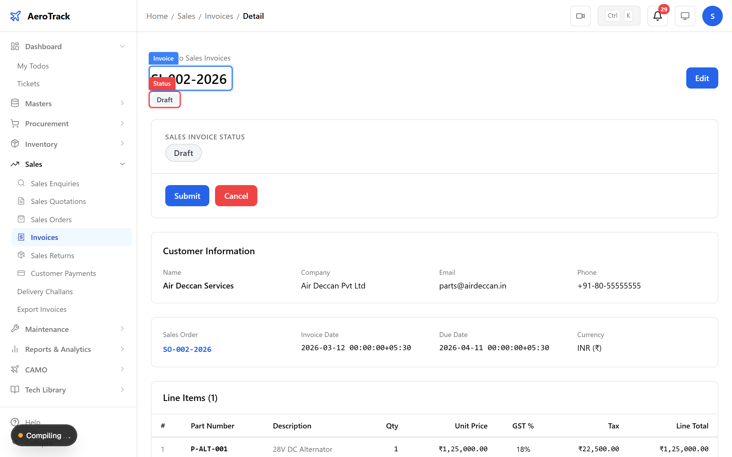 Invoice detail showing DRAFT status