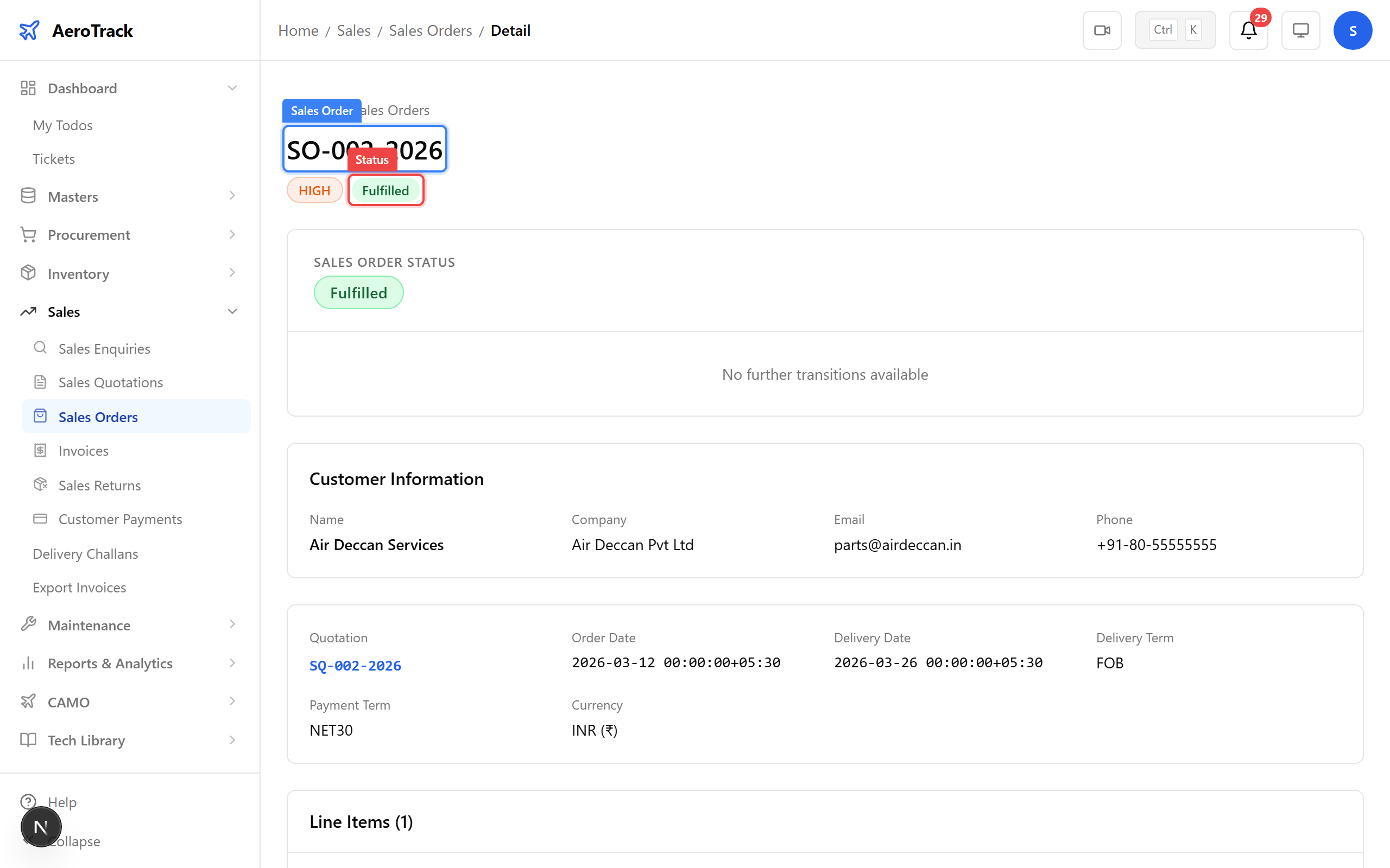 Sales order with status transition button