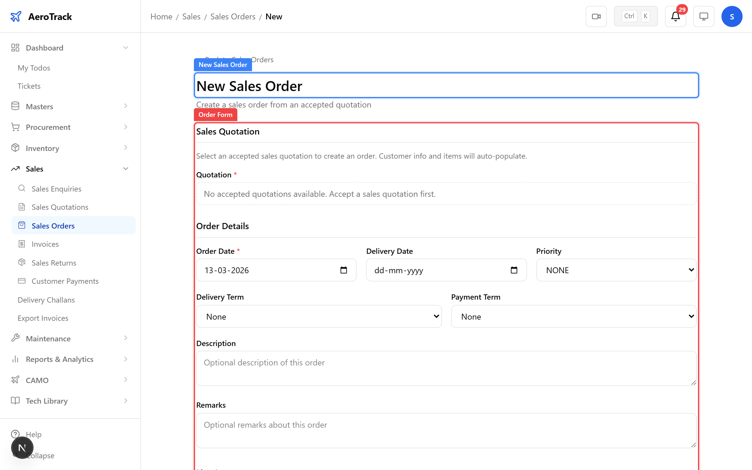 Sales order creation form