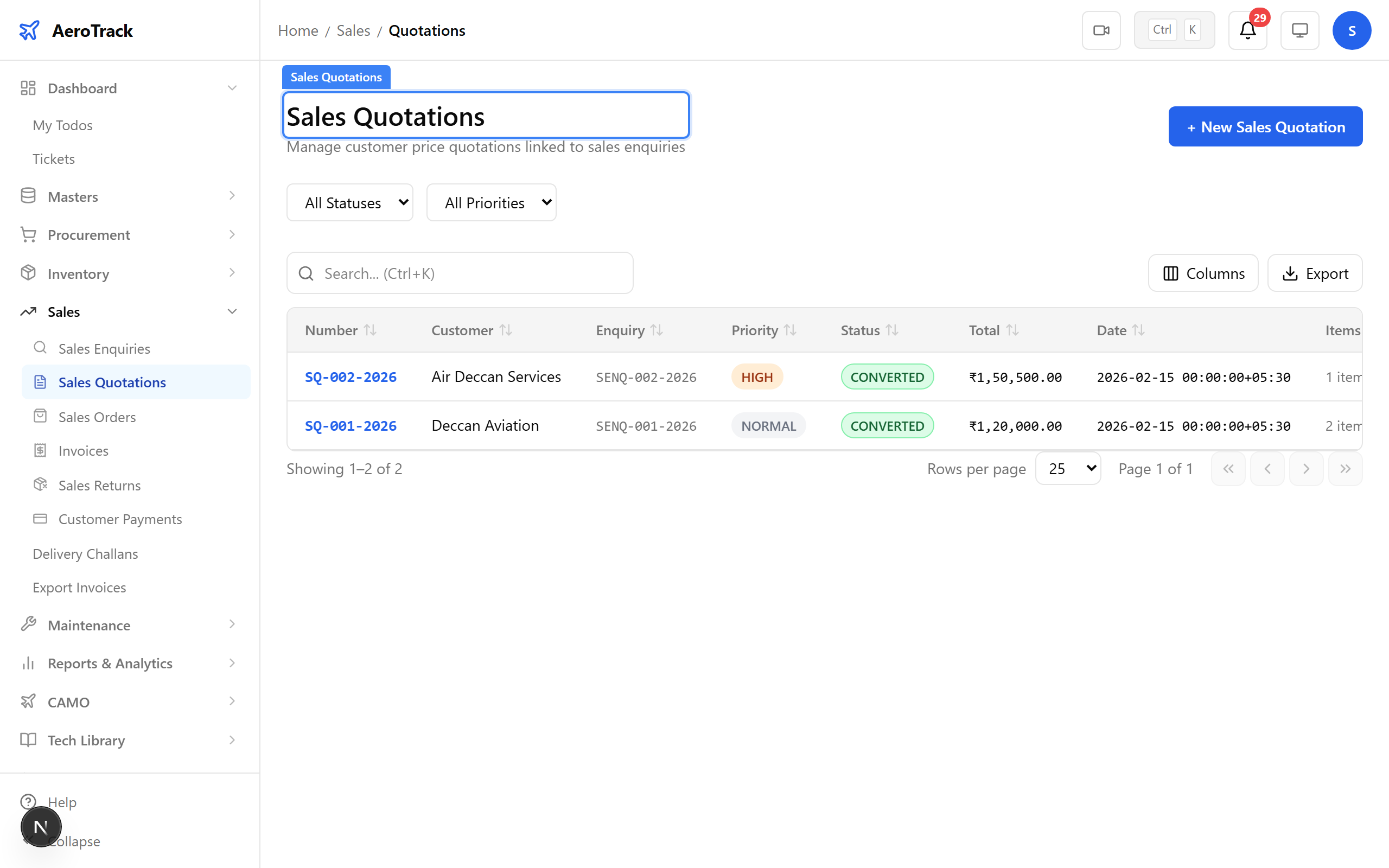 Sales quotation list