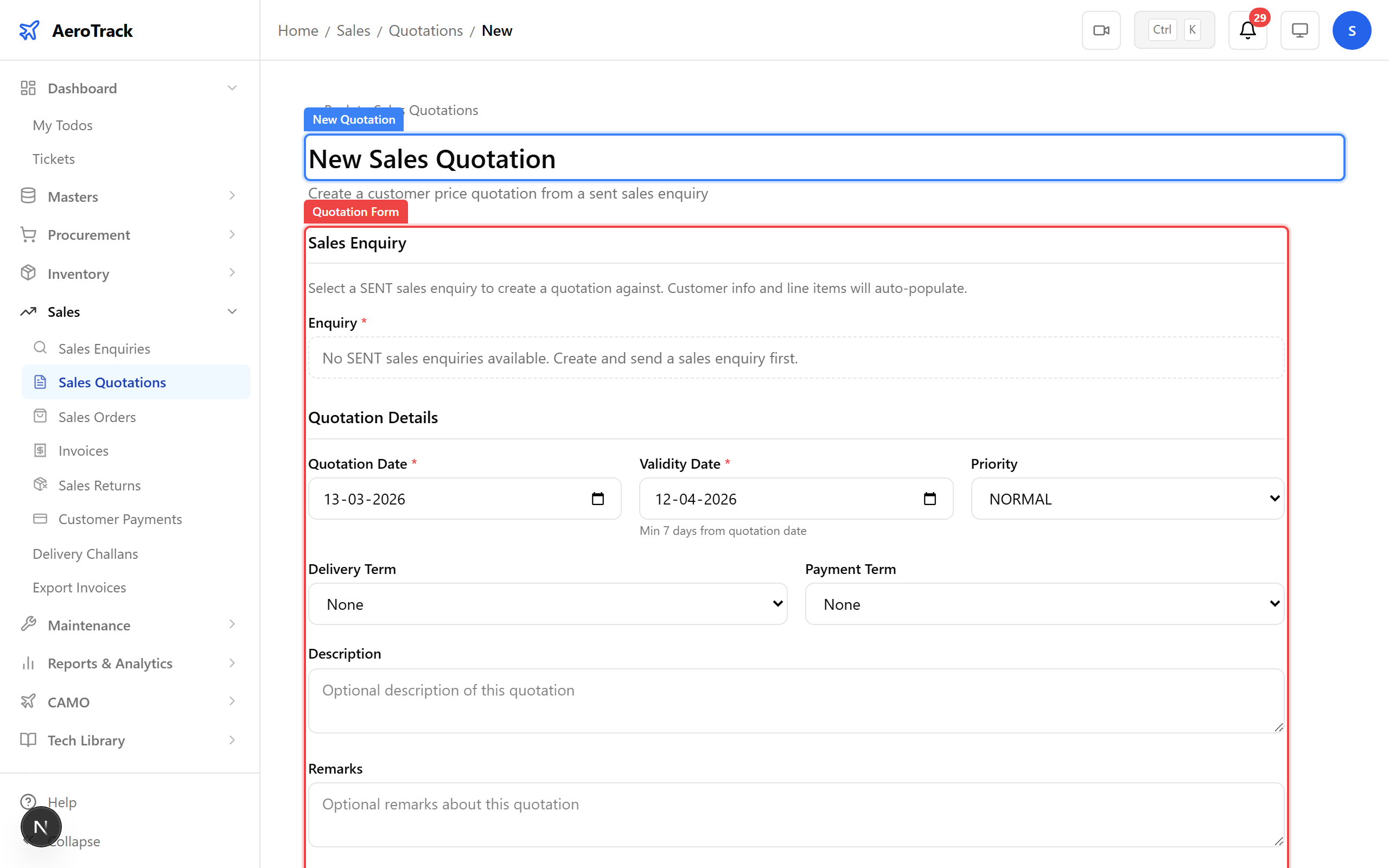 Quotation form with pricing details