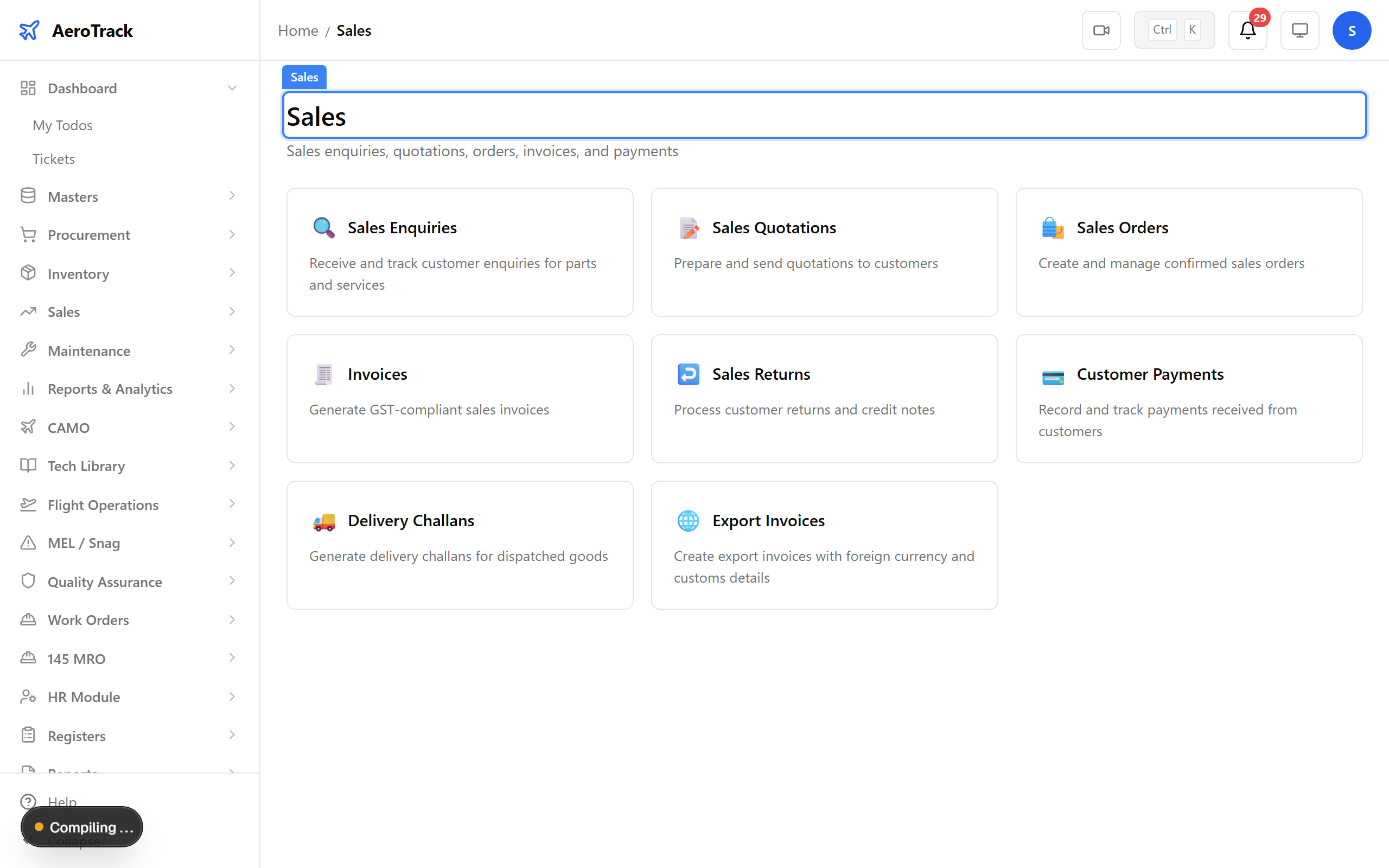 Sales module landing page