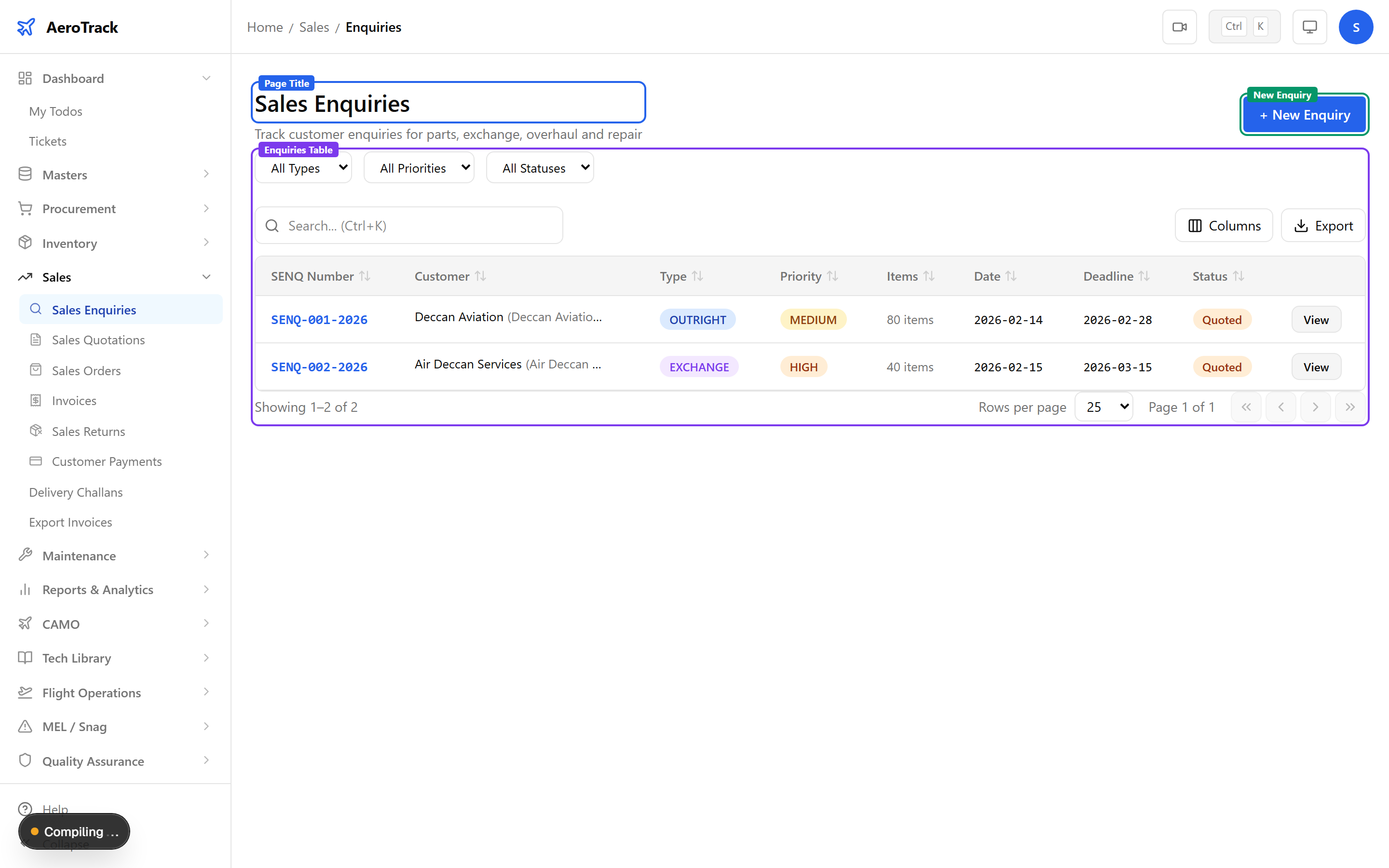 Sales Enquiries list showing SENQ numbers, customer names, type badges, priority, item counts, dates, deadlines, and status badges