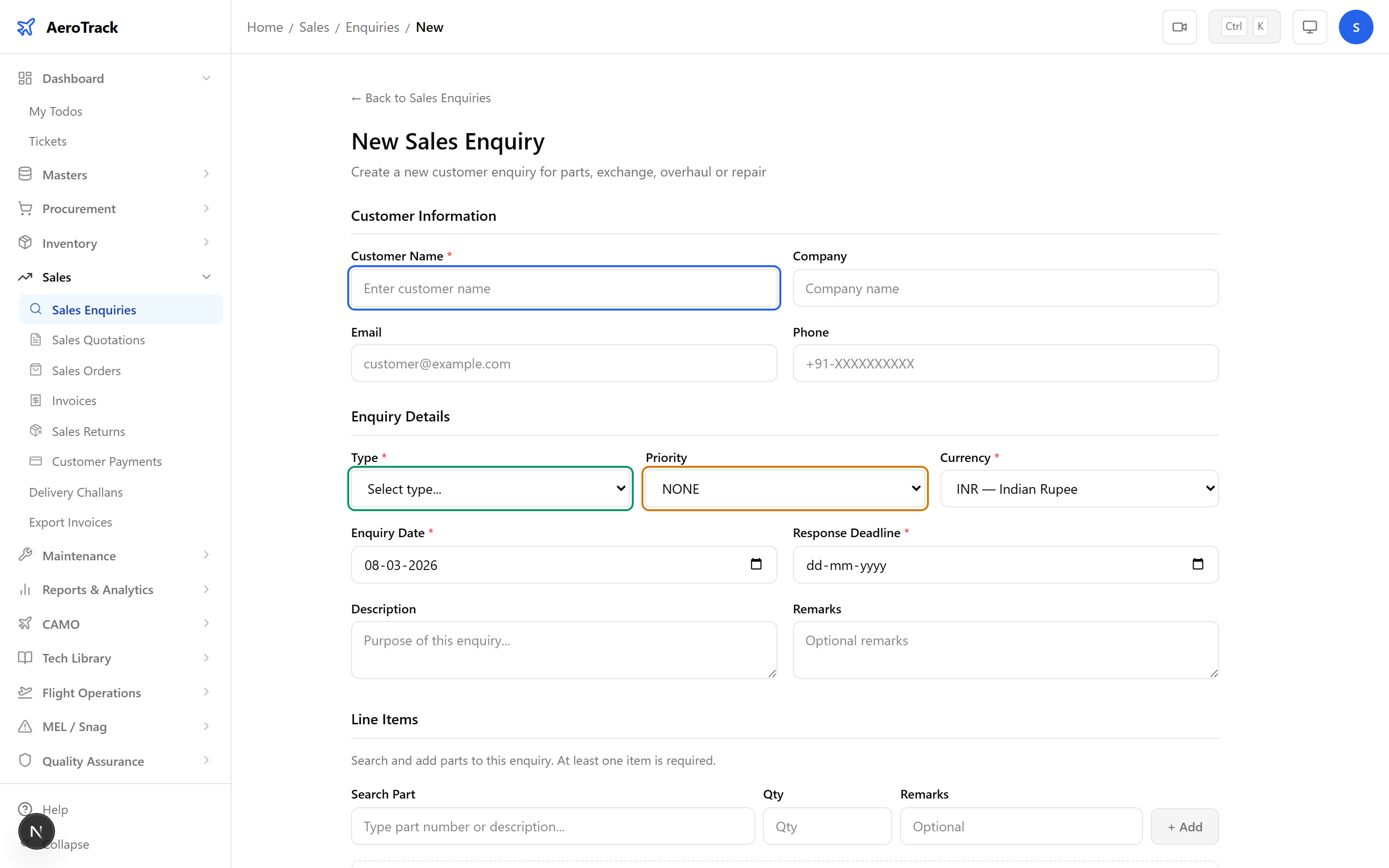 Sales Enquiry form showing customer fields, enquiry type selector, priority, currency, dates, and line items section