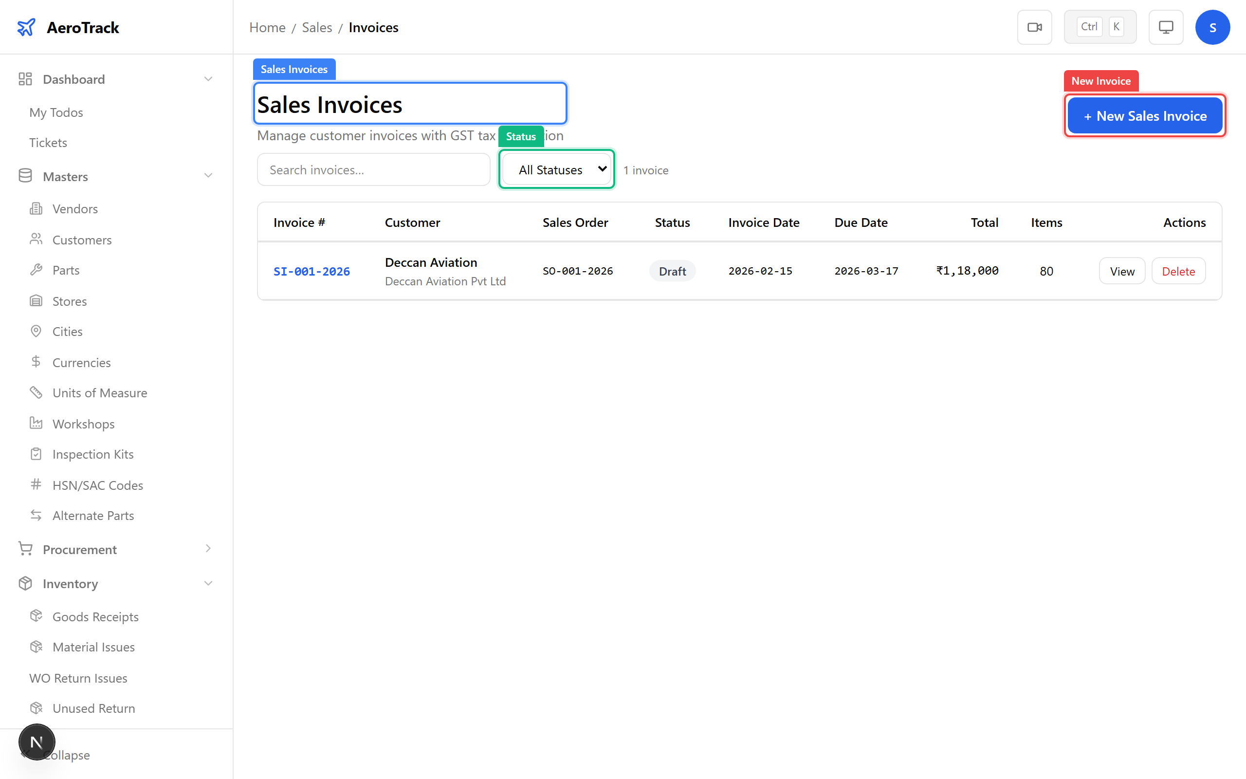 Sales invoices list with search and status filter