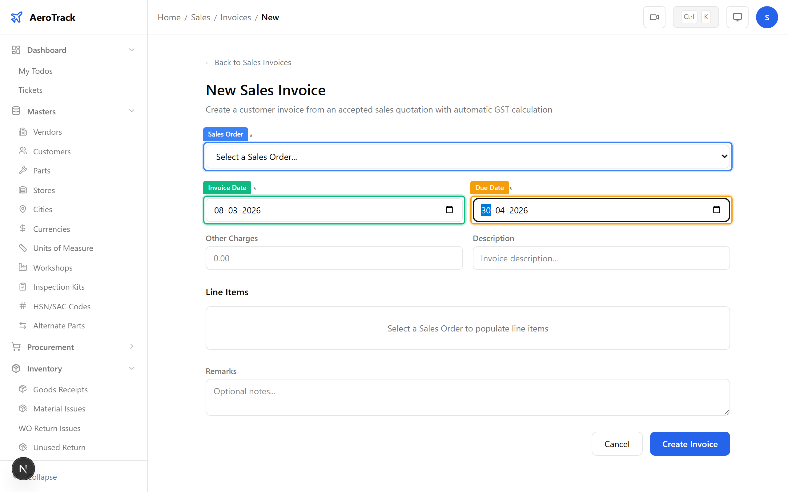 Sales invoice form with SO link, dates, line items, and tax breakdown