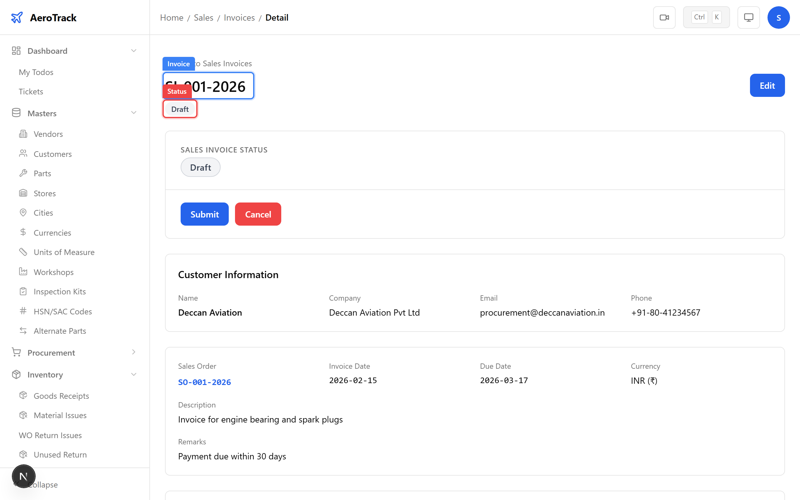 Sales invoice detail with customer, line items, GST breakdown, and delivery challans