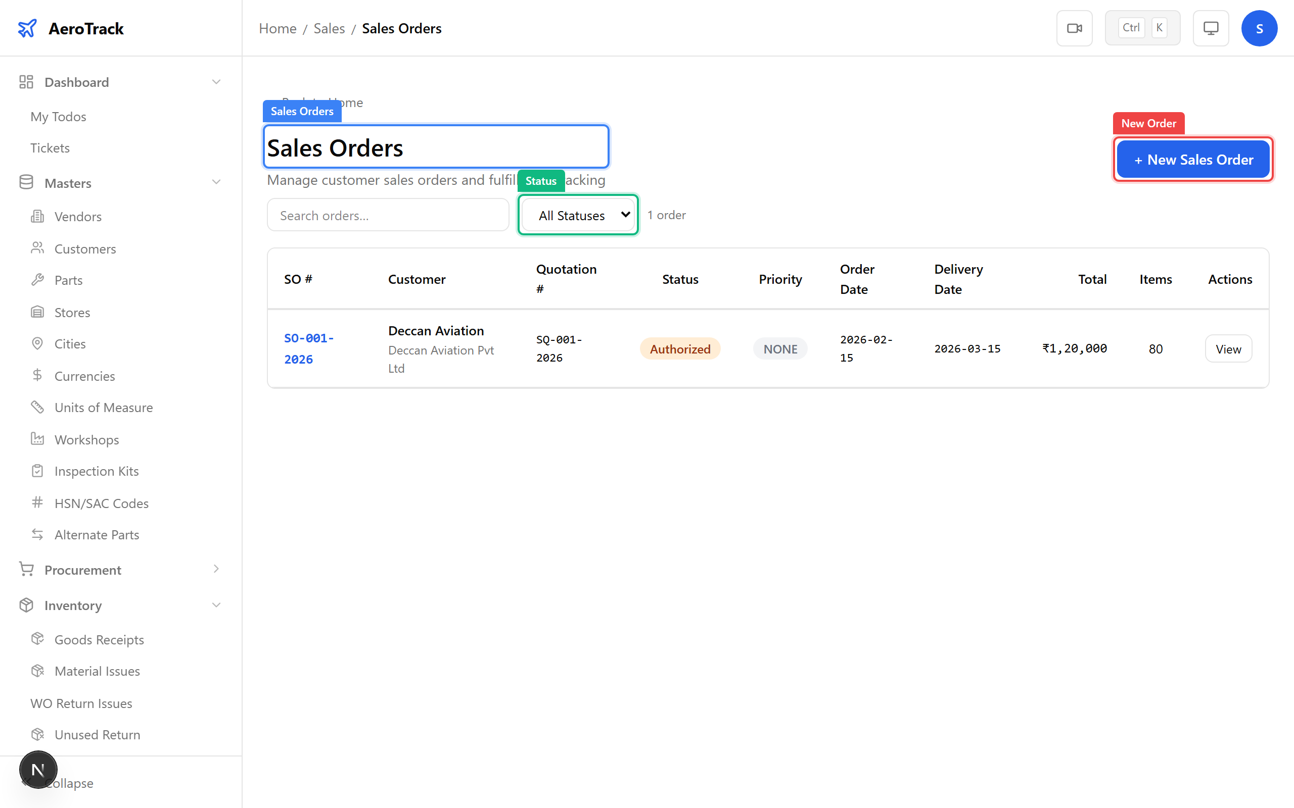Sales orders list with search, status filter, and order rows