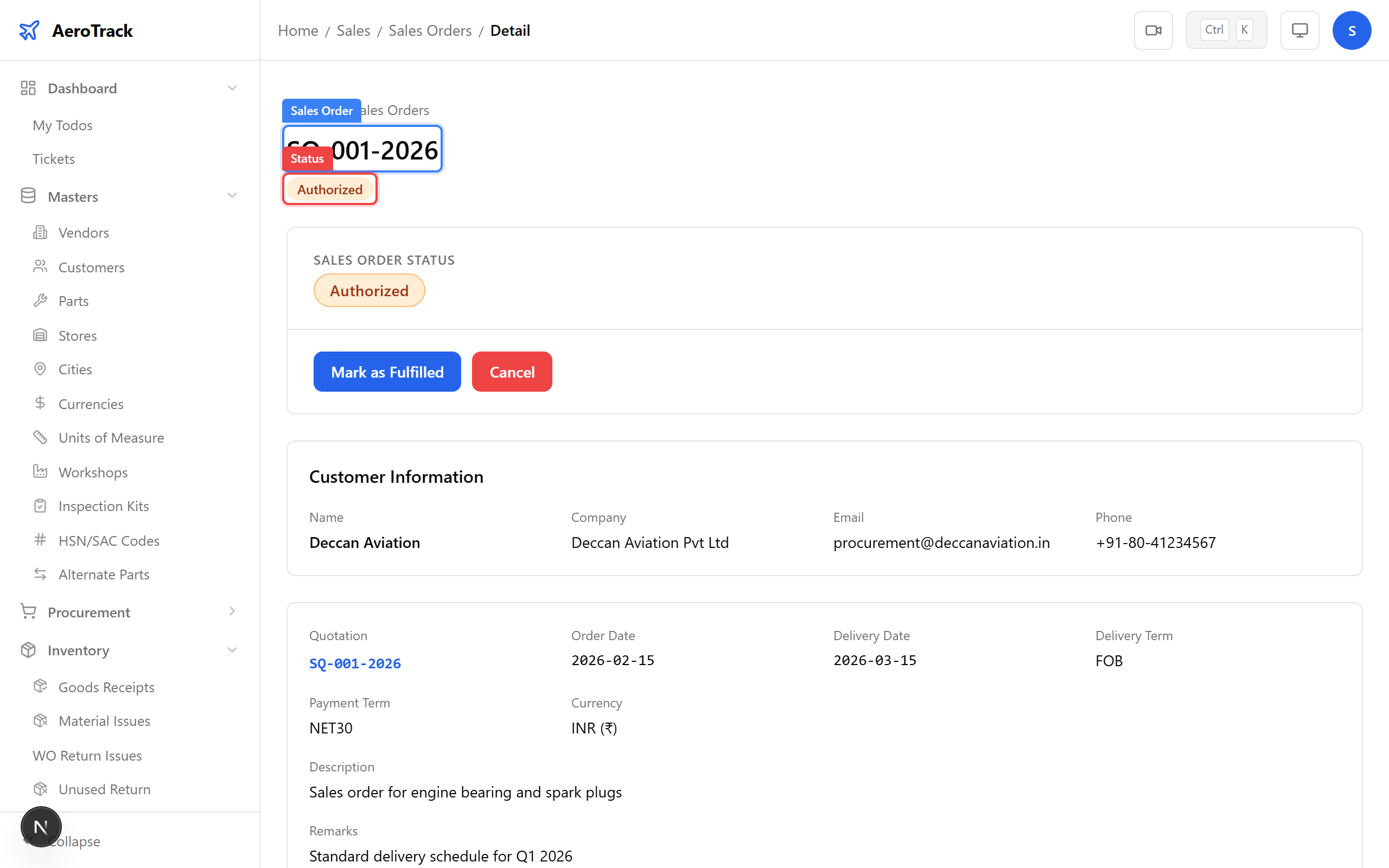 Sales order detail showing customer, line items, tax, and grand total