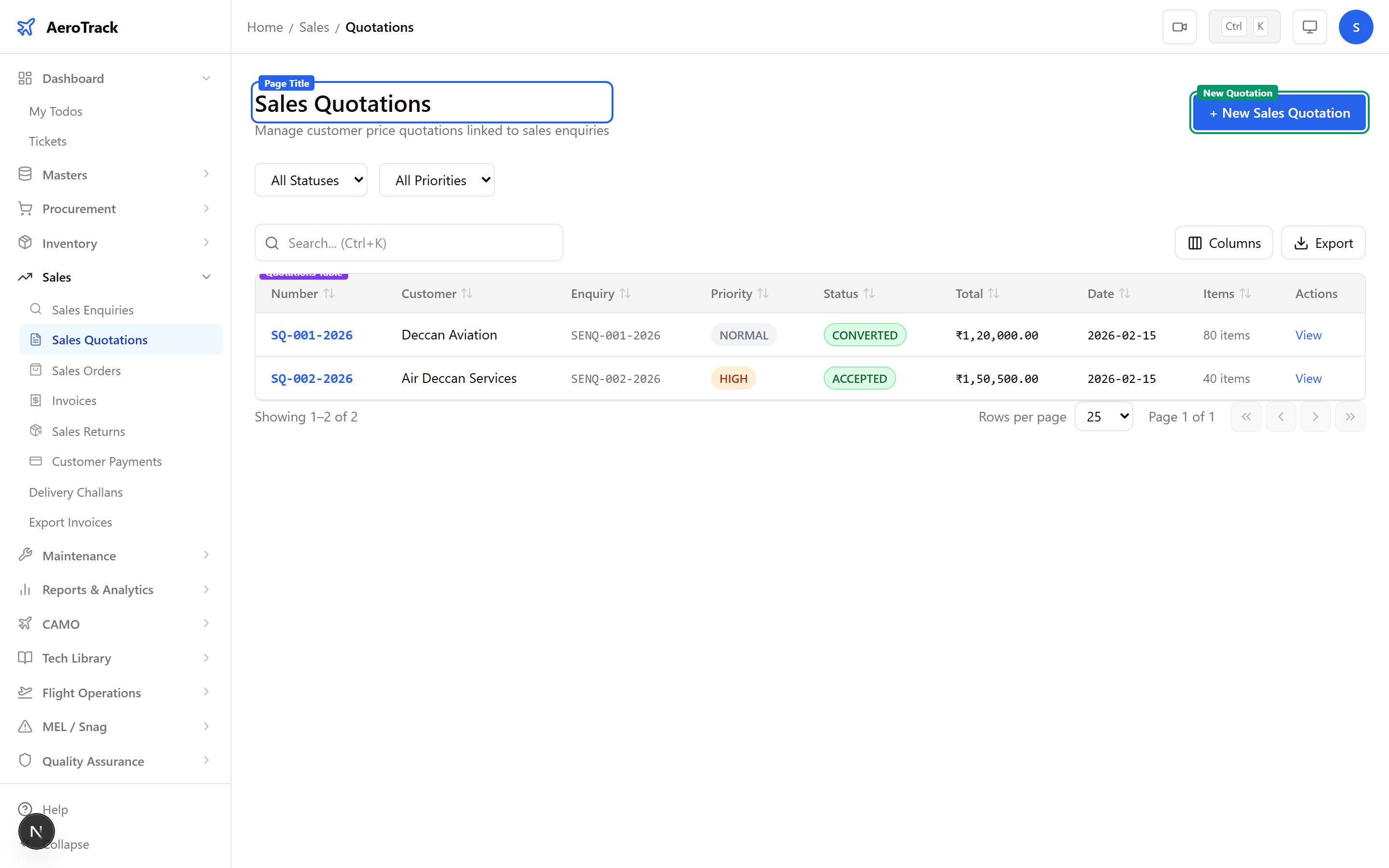 Sales Quotations list showing SQ numbers, linked enquiry, customer, dates, amount, item count, and status badges