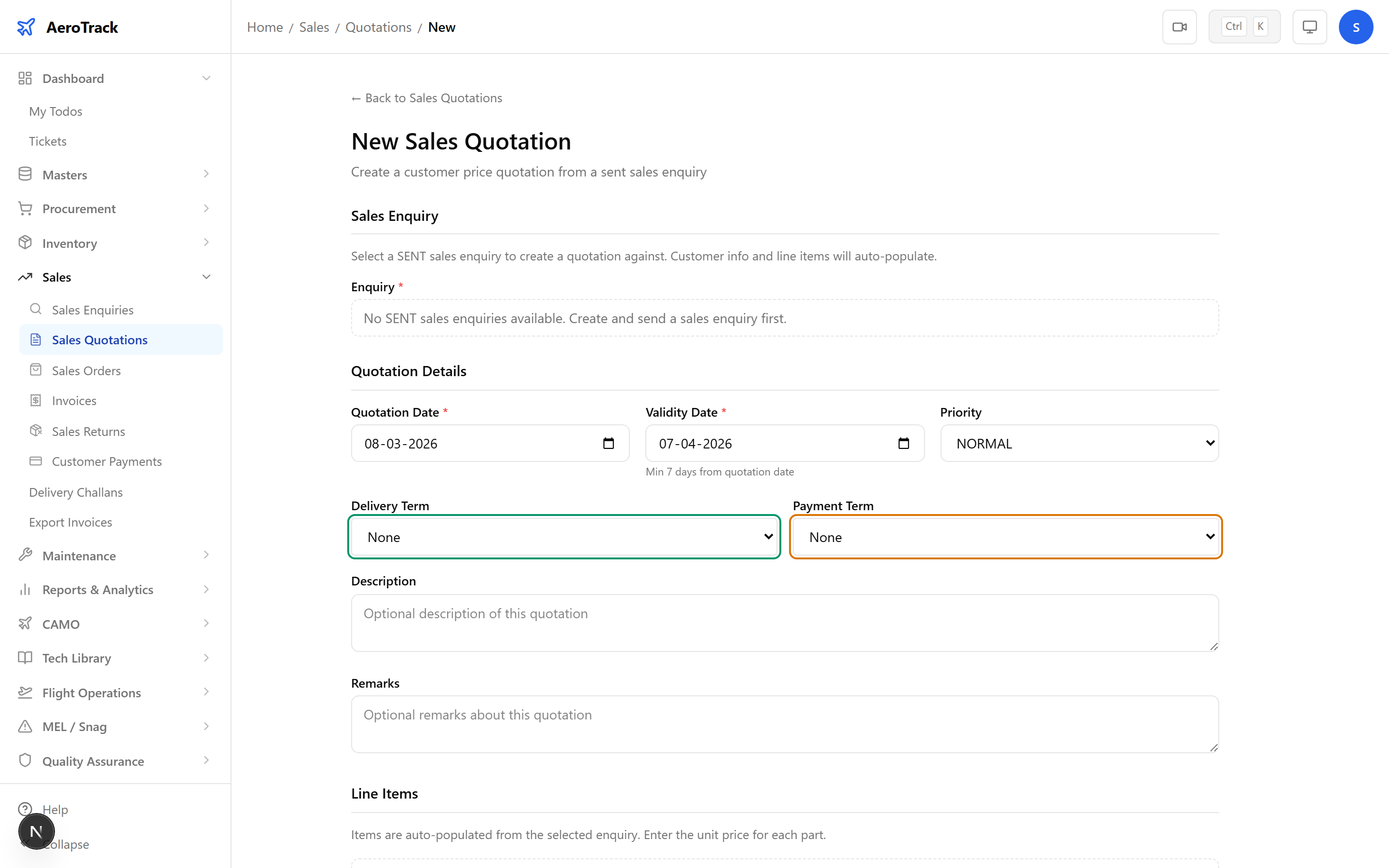 Sales Quotation form with enquiry selector, customer details, delivery and payment terms, pricing, and line items table