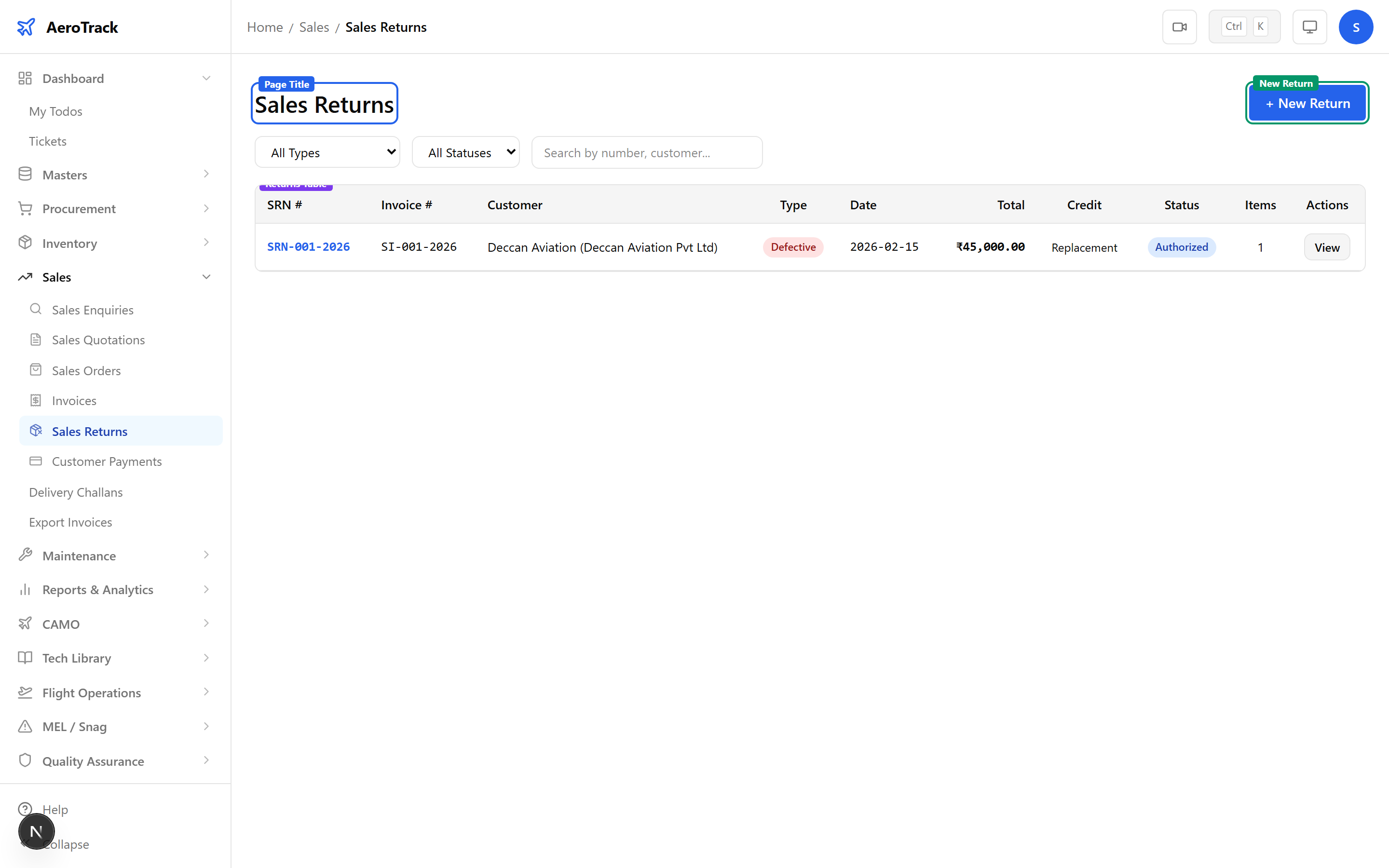 Sales Returns list showing SRN numbers, invoice reference, customer, return type badge, return date, total amount, status badge, and item count