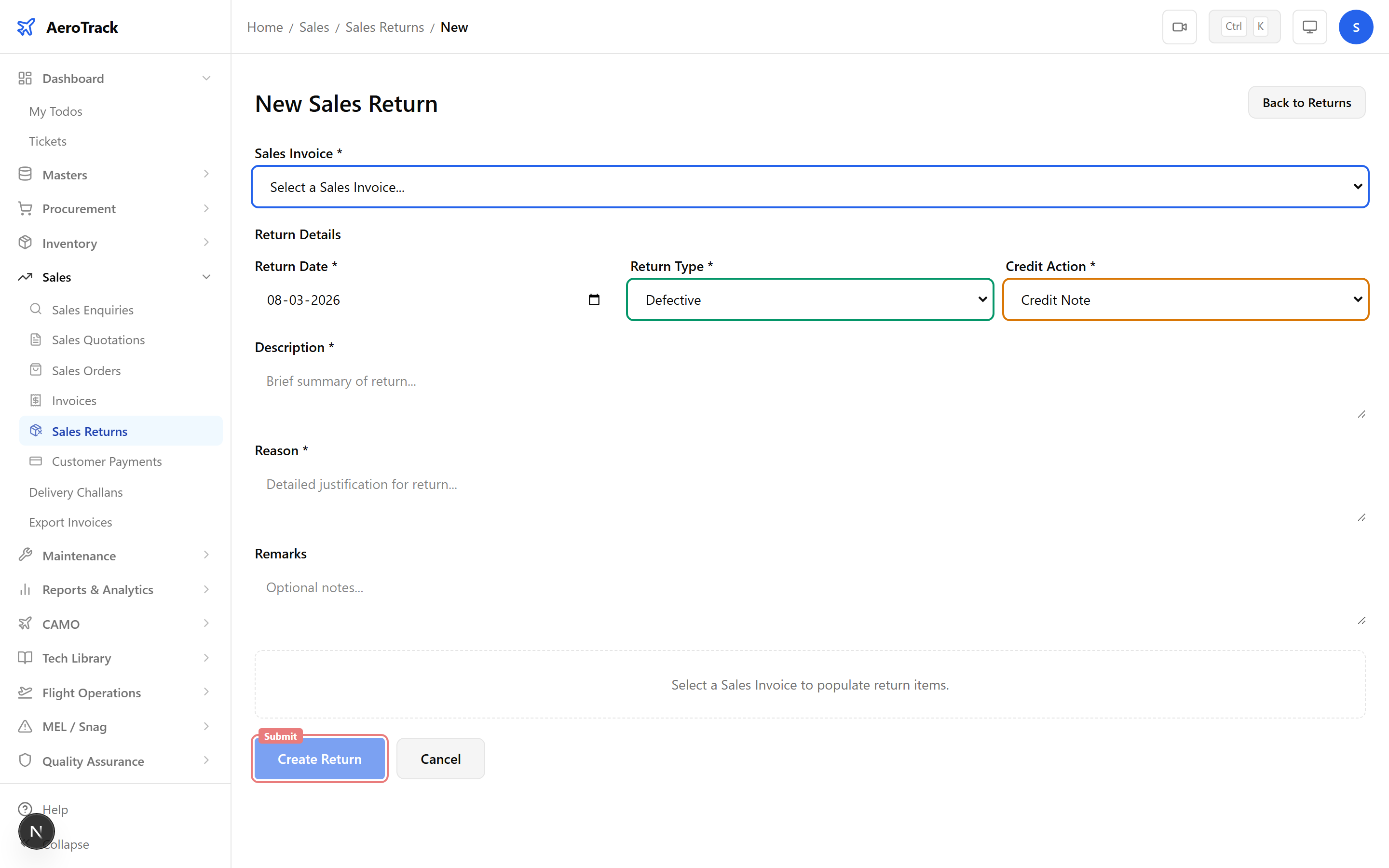 Sales Return form with invoice selector, return type, credit action, reason fields, and editable line items table with condition selector per row