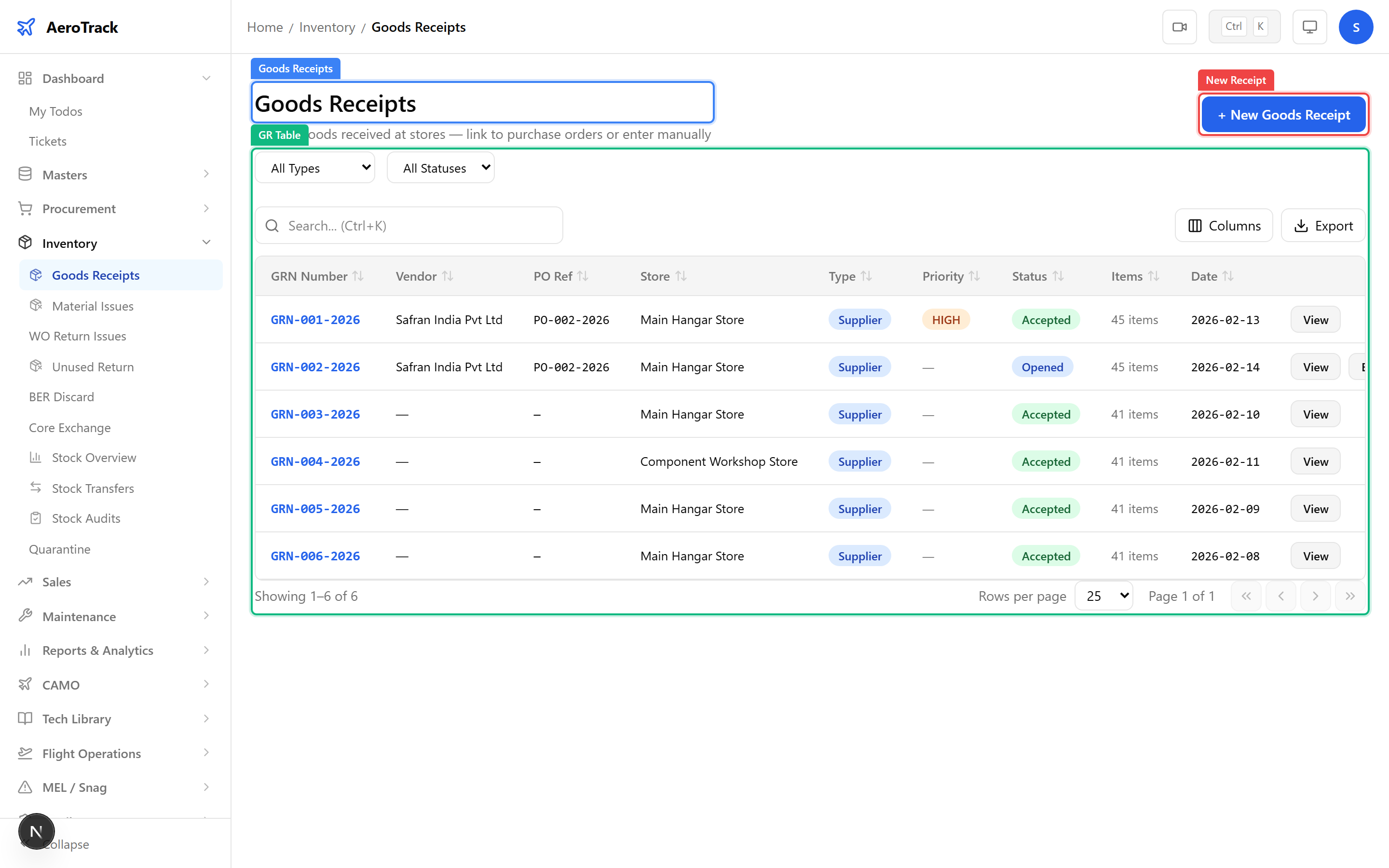 Goods receipts list showing GRN numbers, types, statuses, PO references, and store destinations