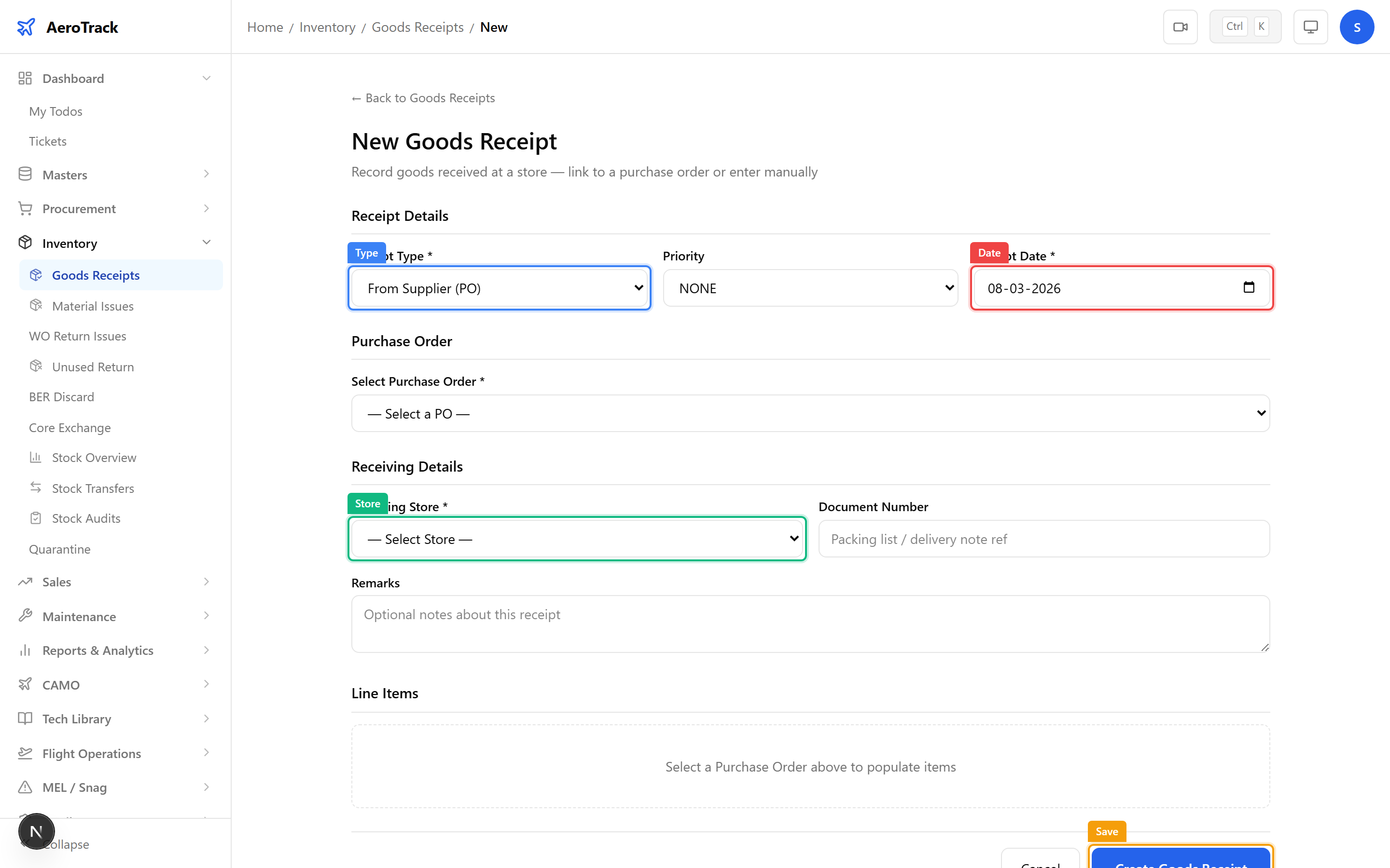 Goods receipt form with receipt type, PO link, store, date, and line item quantity fields