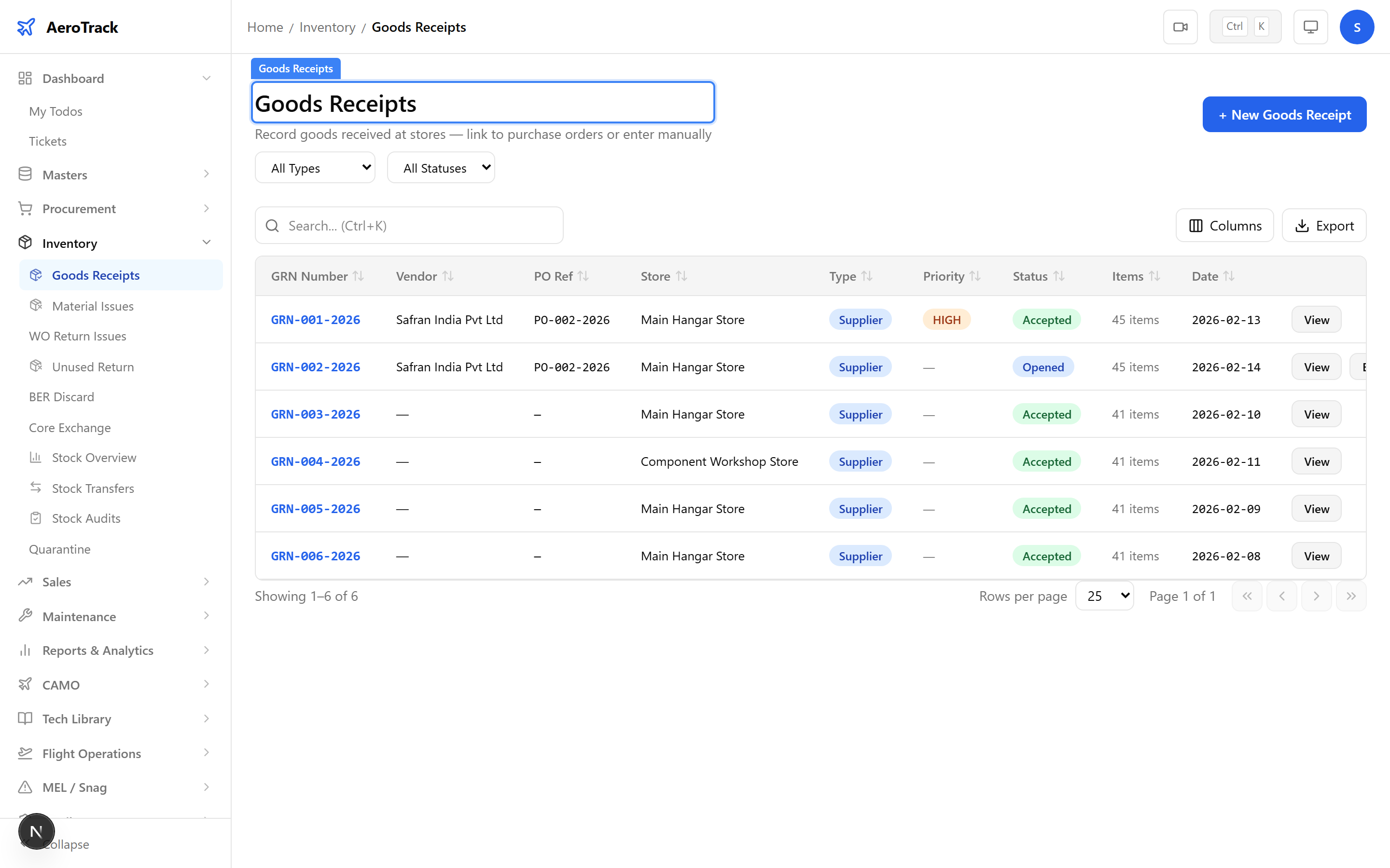 Goods receipt detail page showing line items with accepted/rejected quantities, condition selectors, and certificate upload buttons