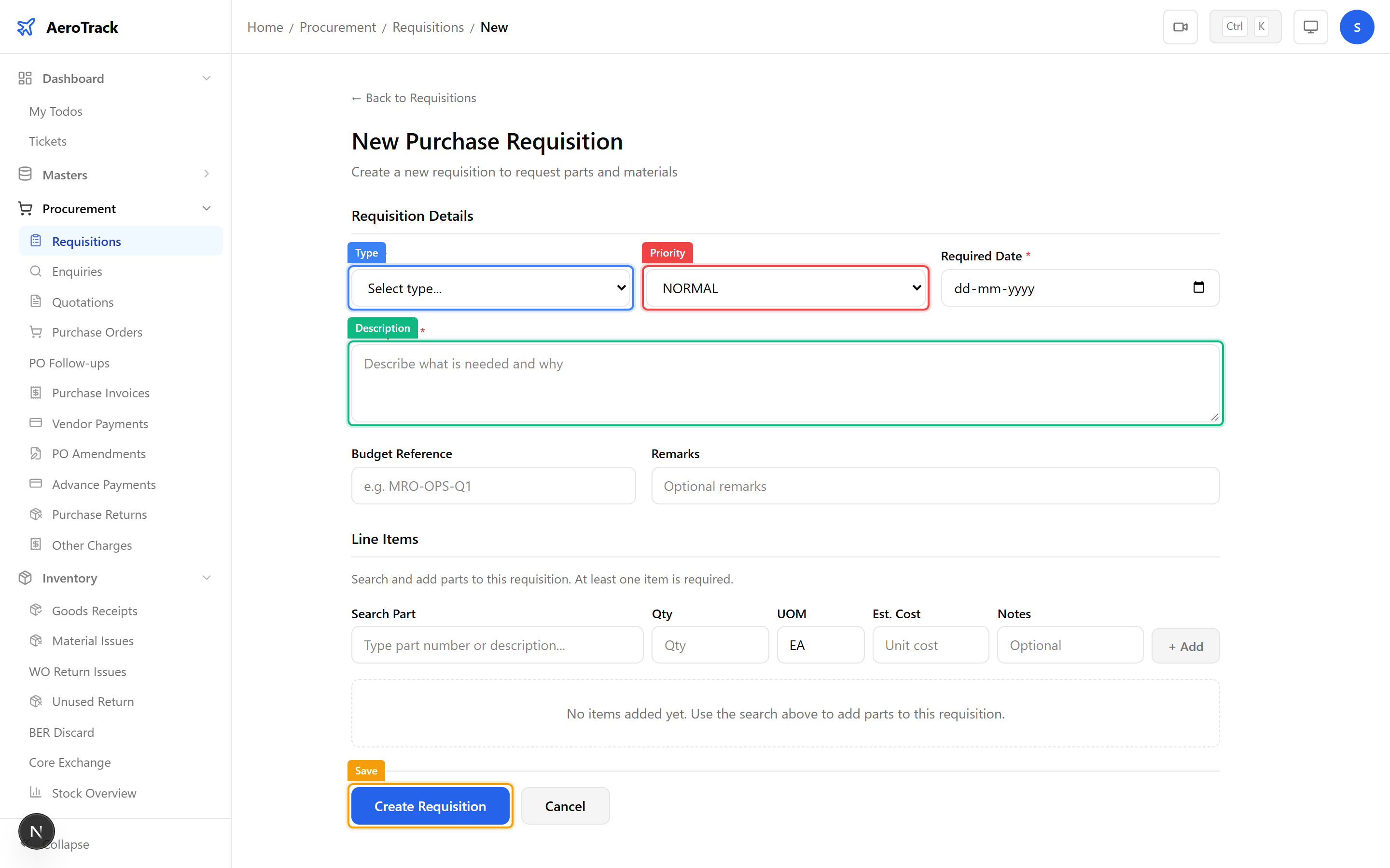 Requisition form with type, priority, required date, description, budget, and part search fields
