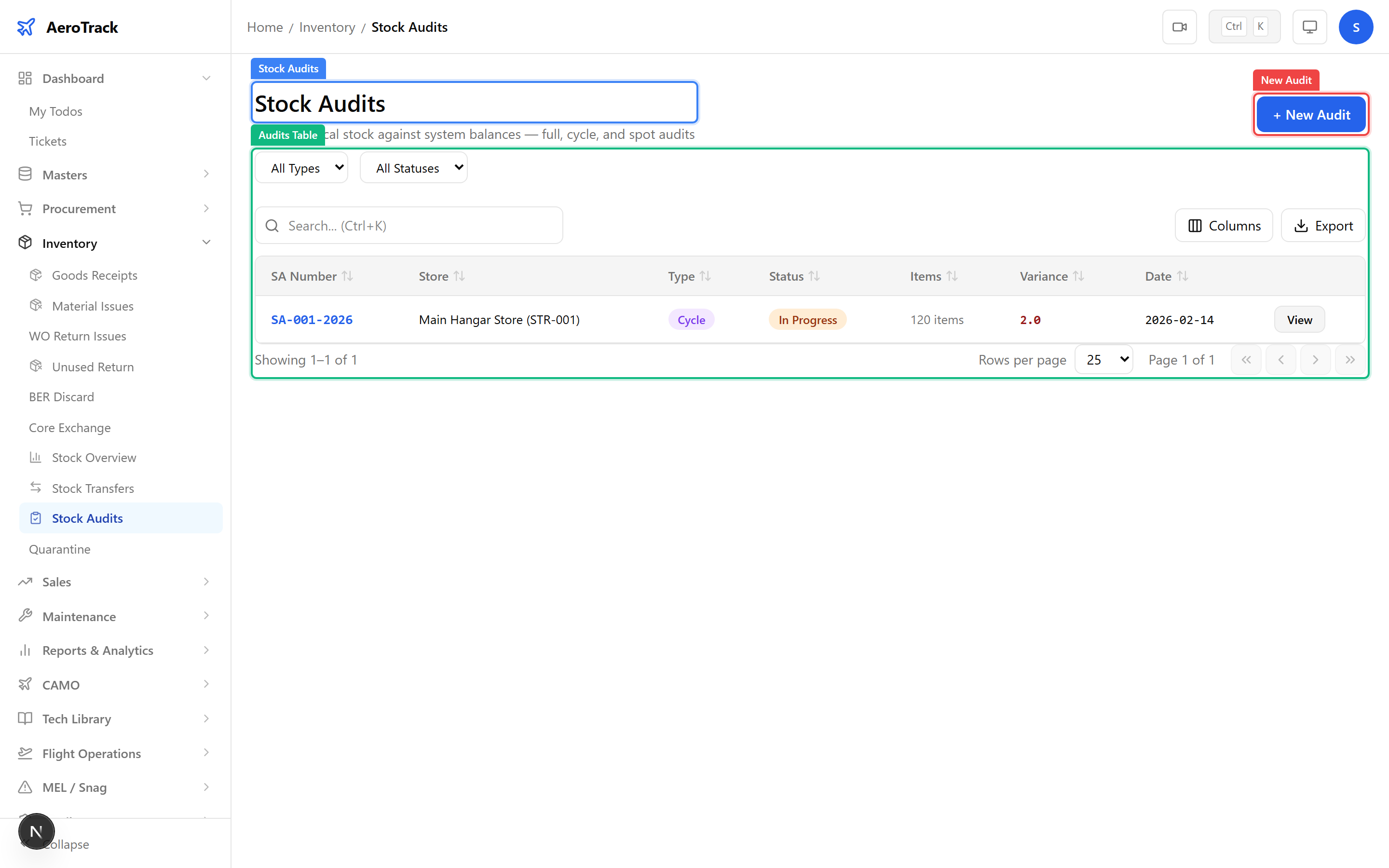 Stock audit list showing audit numbers, stores, types, dates, and status badges with New Audit button