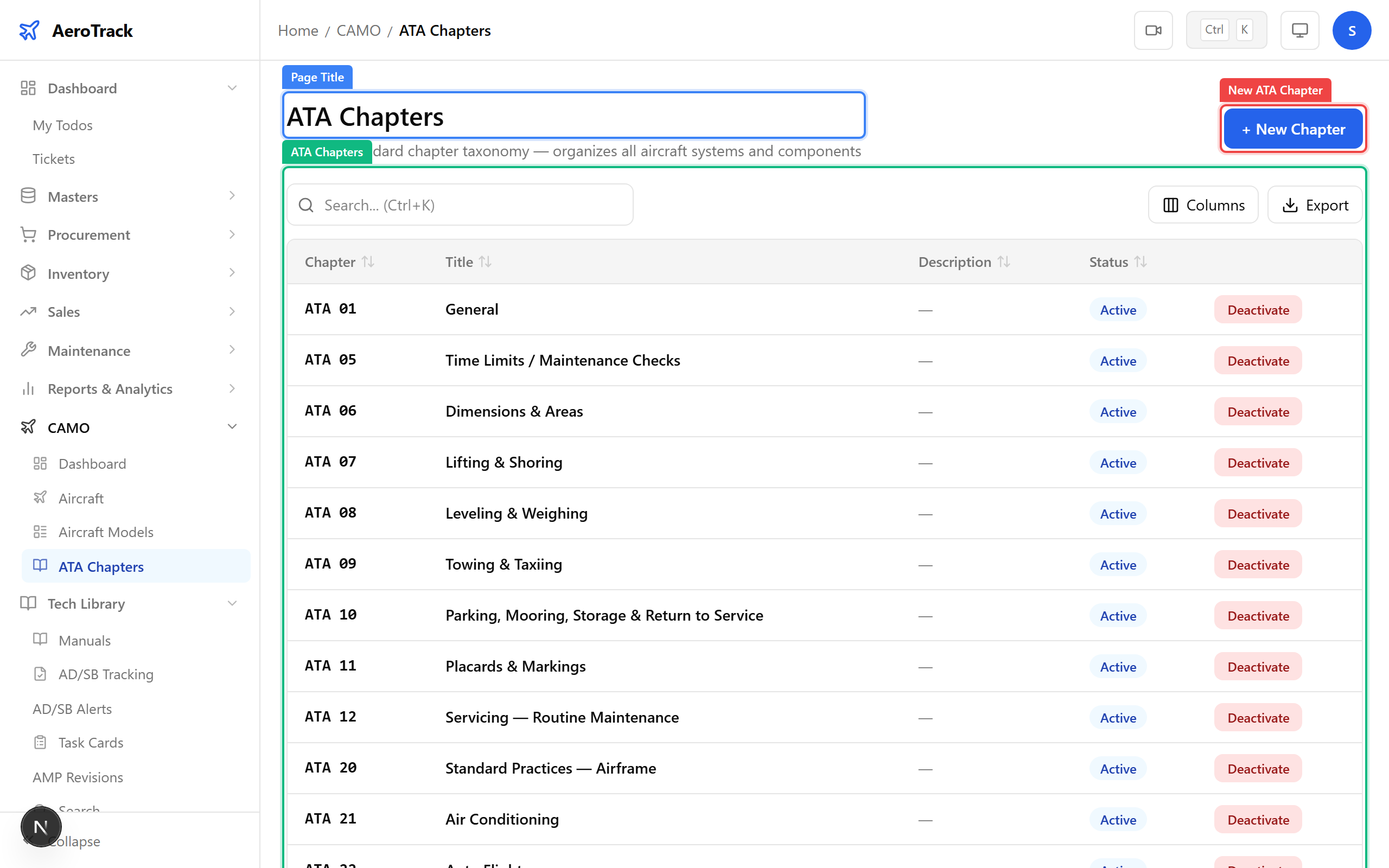 ATA chapters list showing chapter numbers, titles, and descriptions