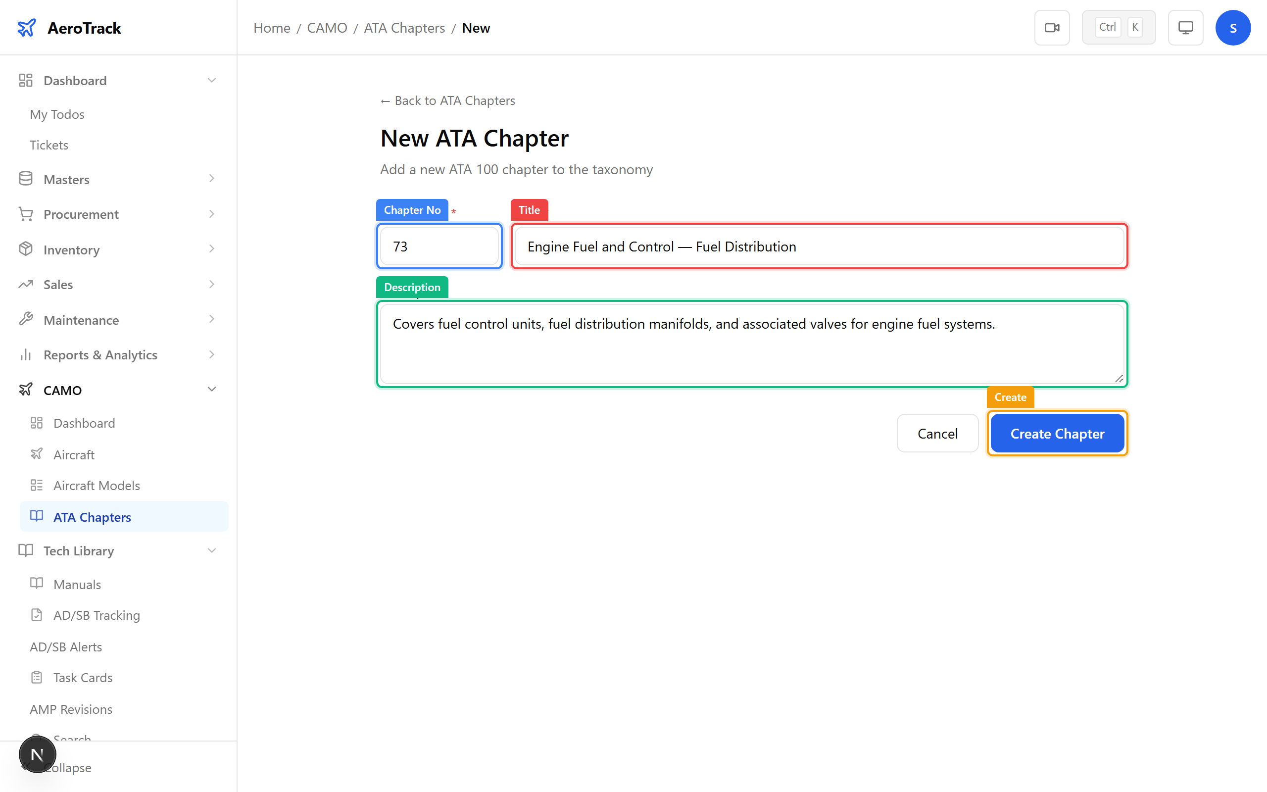 ATA chapter form with chapter number, title, and description fields