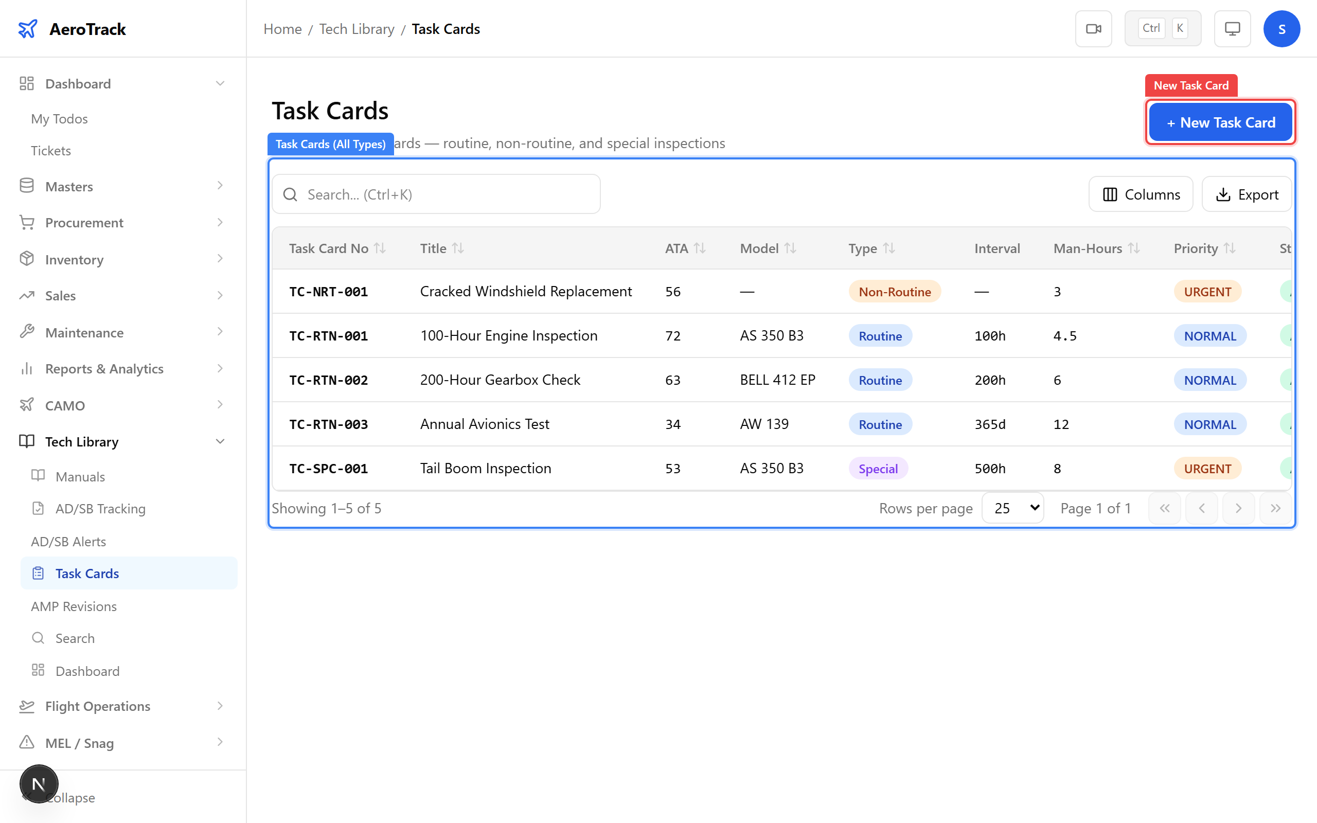 Task cards list showing Special type tasks alongside Routine tasks