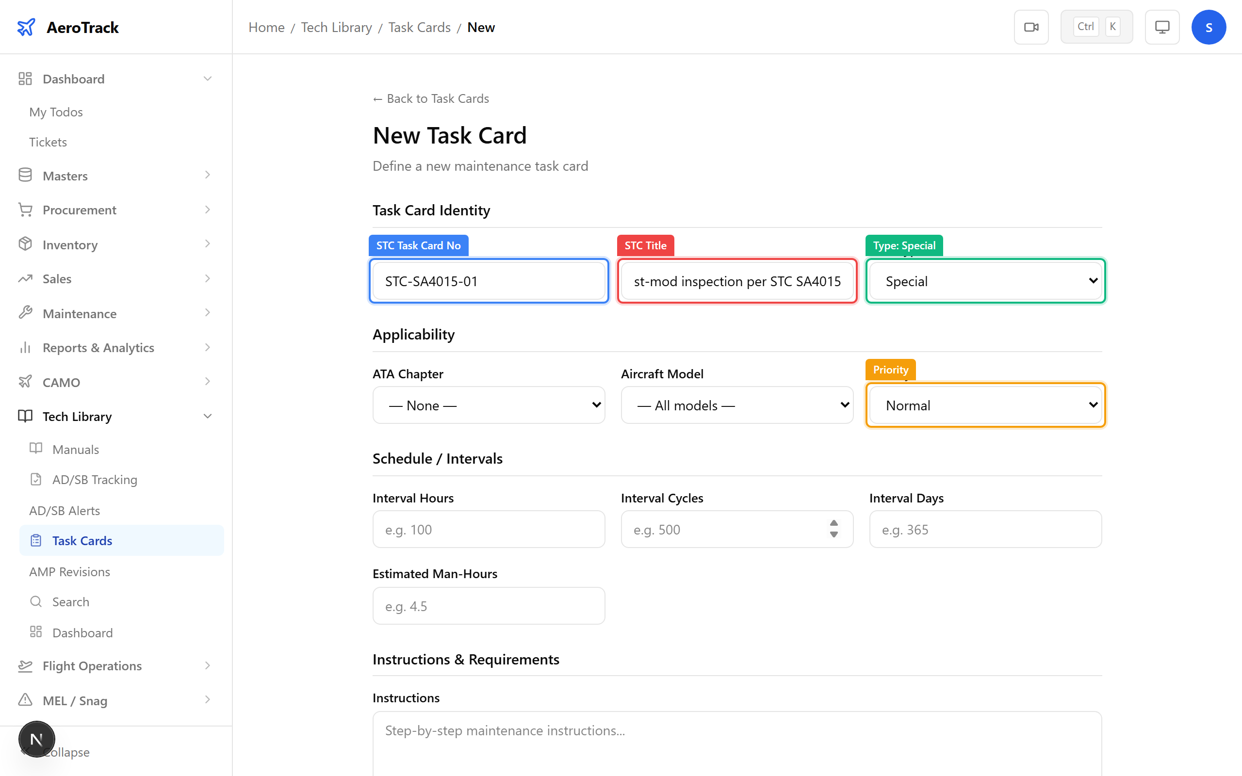Task card form with Task Type set to Special and STC-prefixed task card number