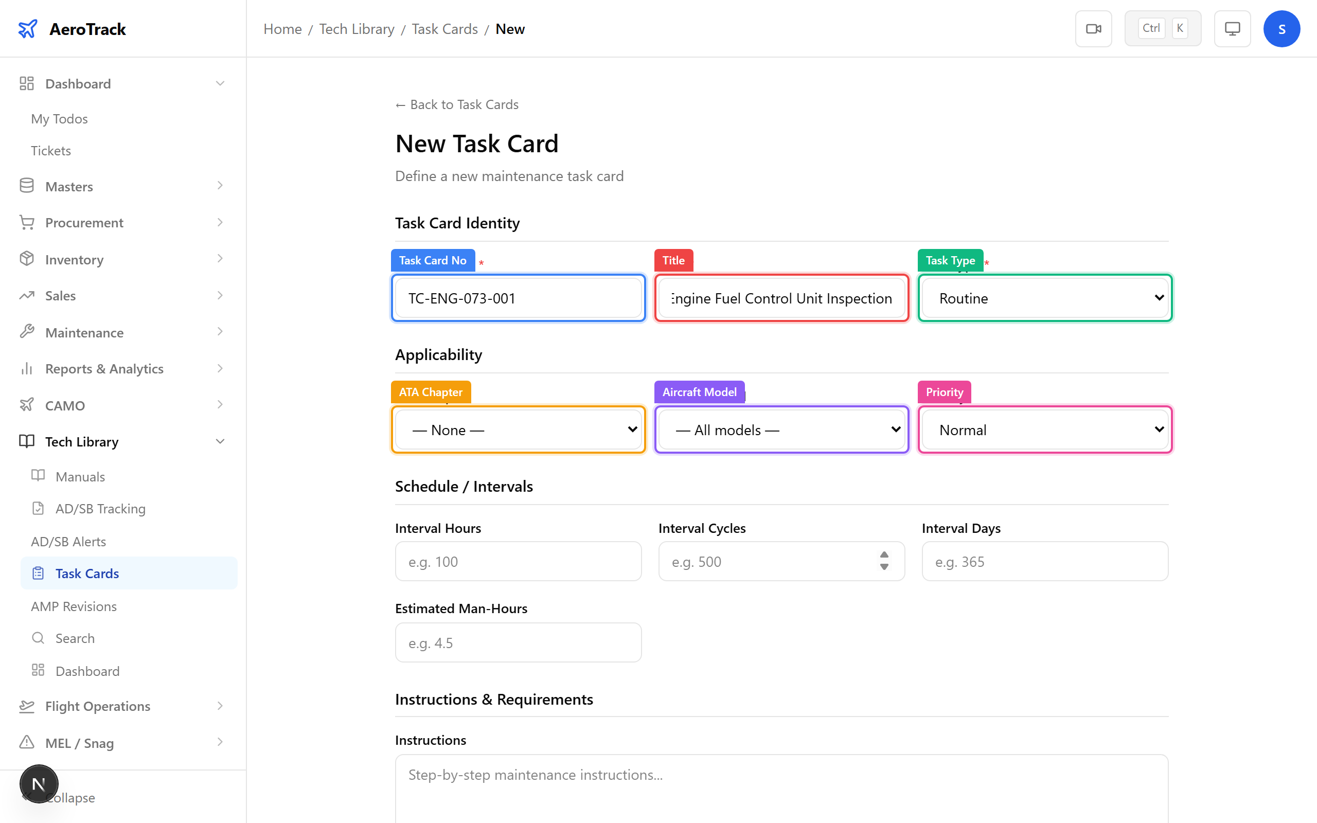 Task card form: task card number, title, type, ATA chapter, model, priority