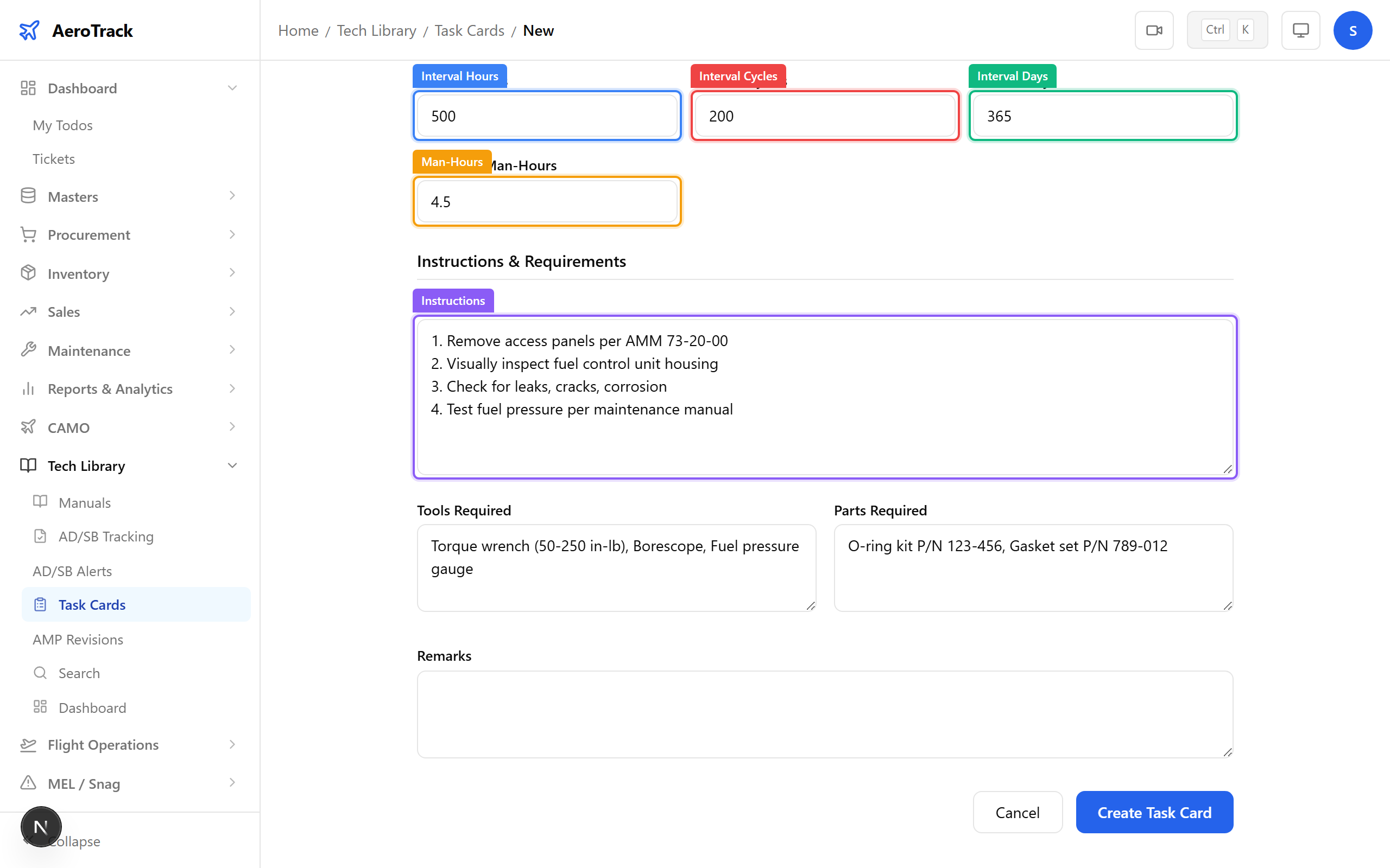 Task card form: interval hours/cycles/days, man-hours, instructions, tools, parts