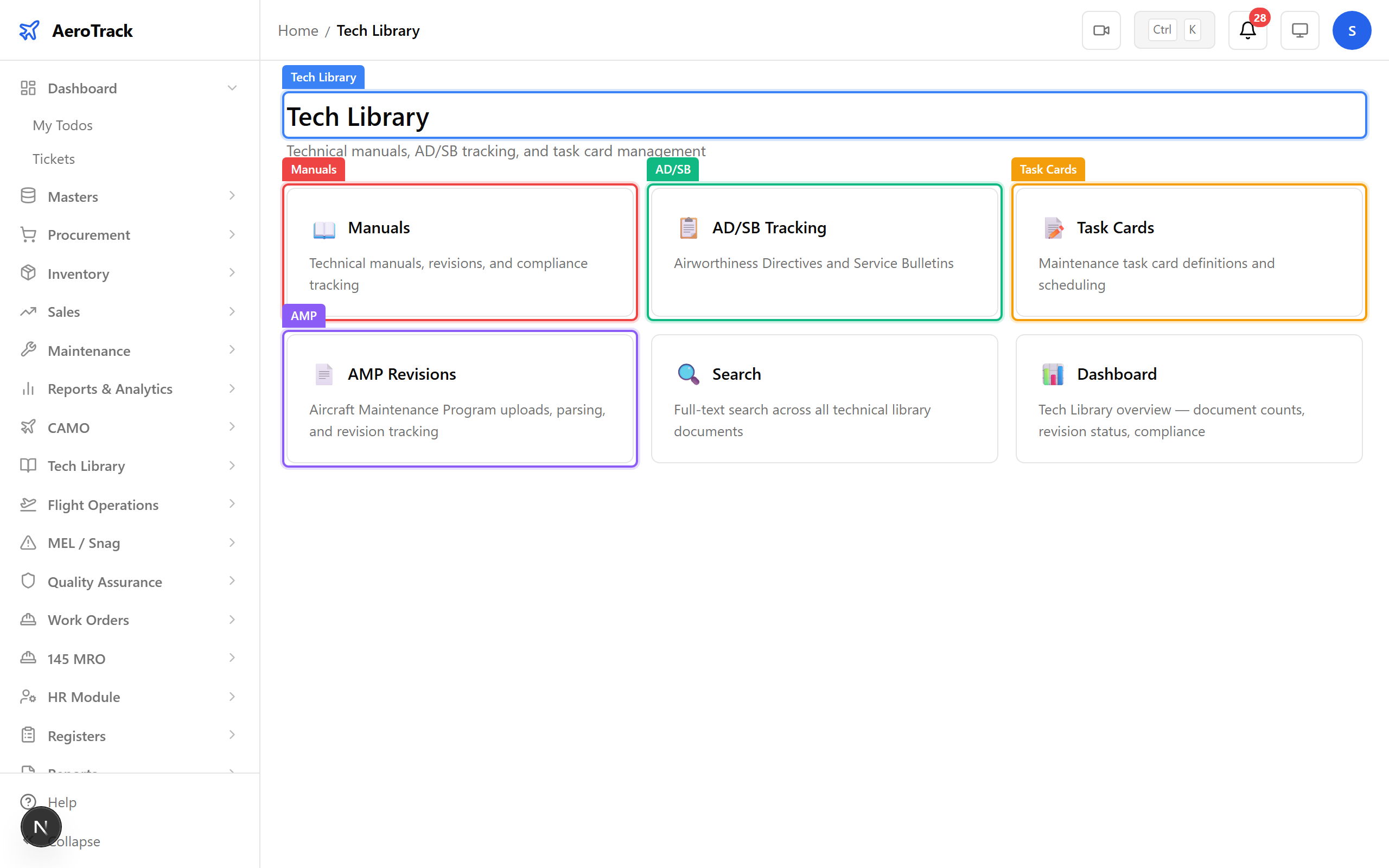 Tech Library landing page with module cards