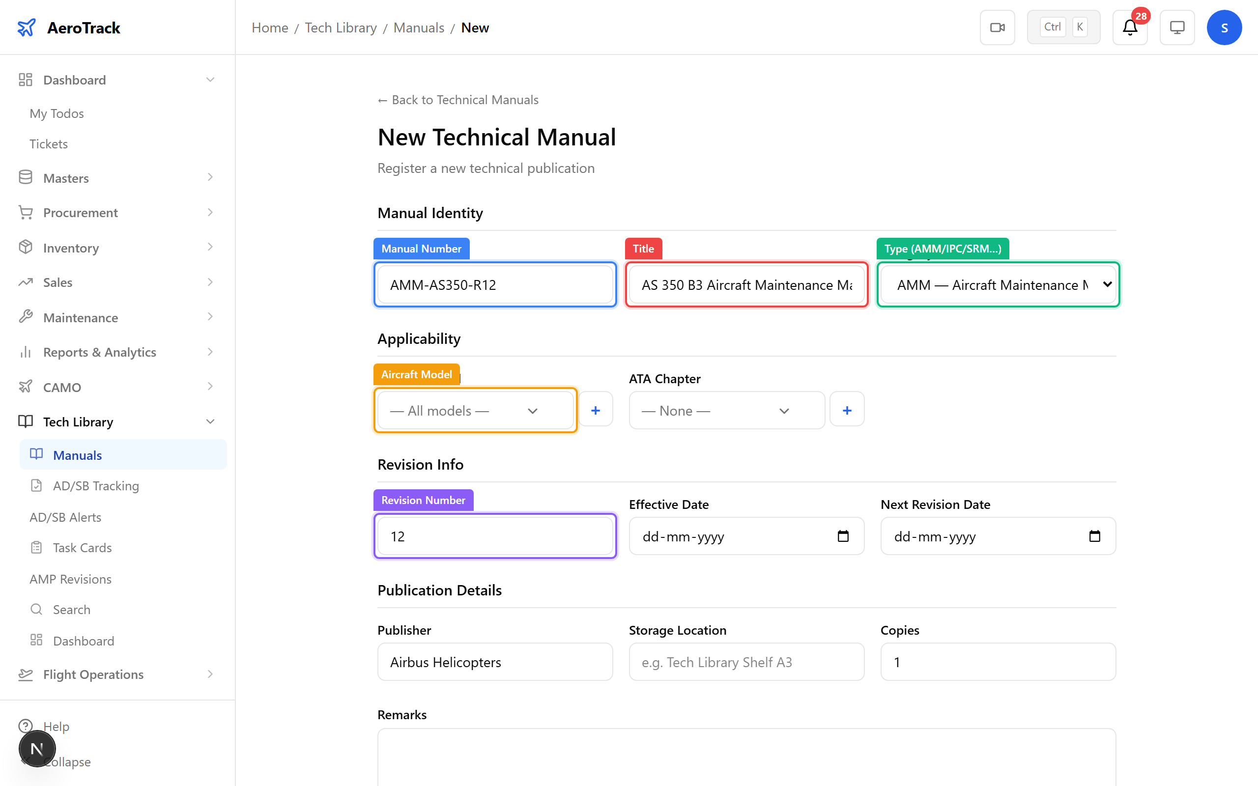 Manual creation form with annotated fields