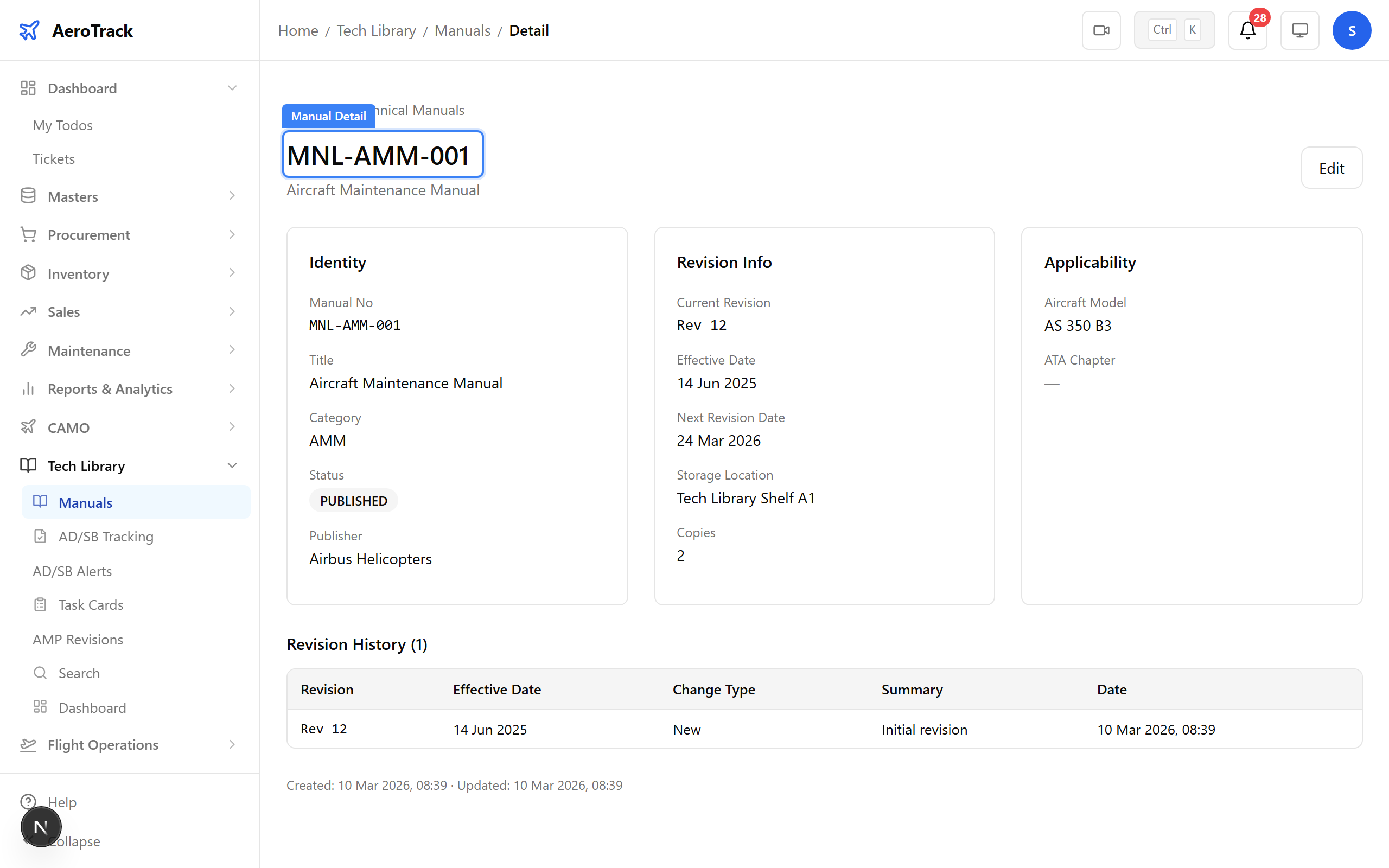 Manual detail page with revision history
