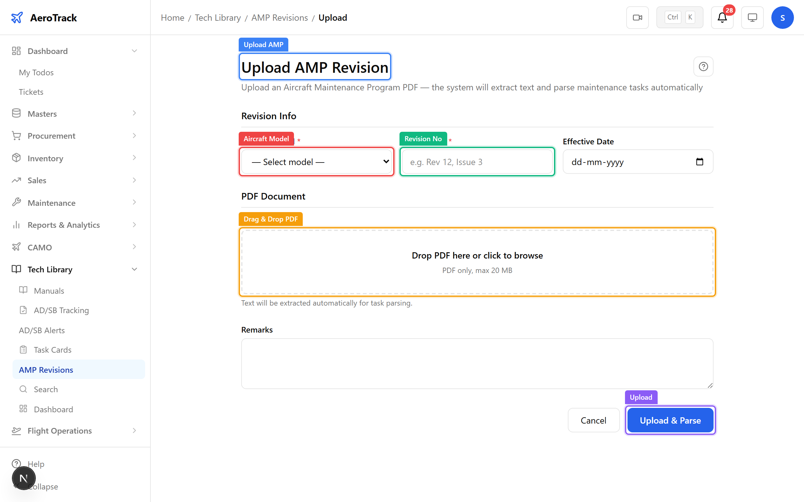 AMP upload form with drag-and-drop zone