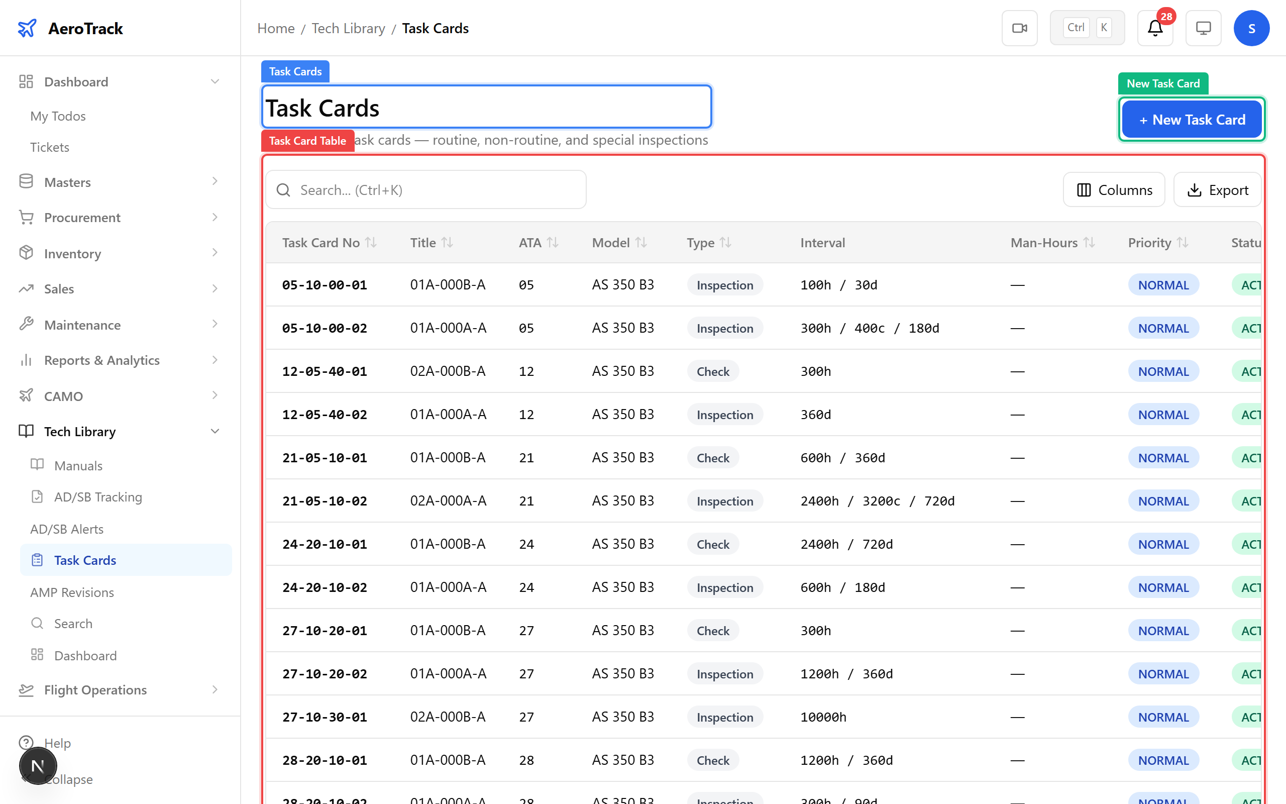 Task card list with type and priority columns