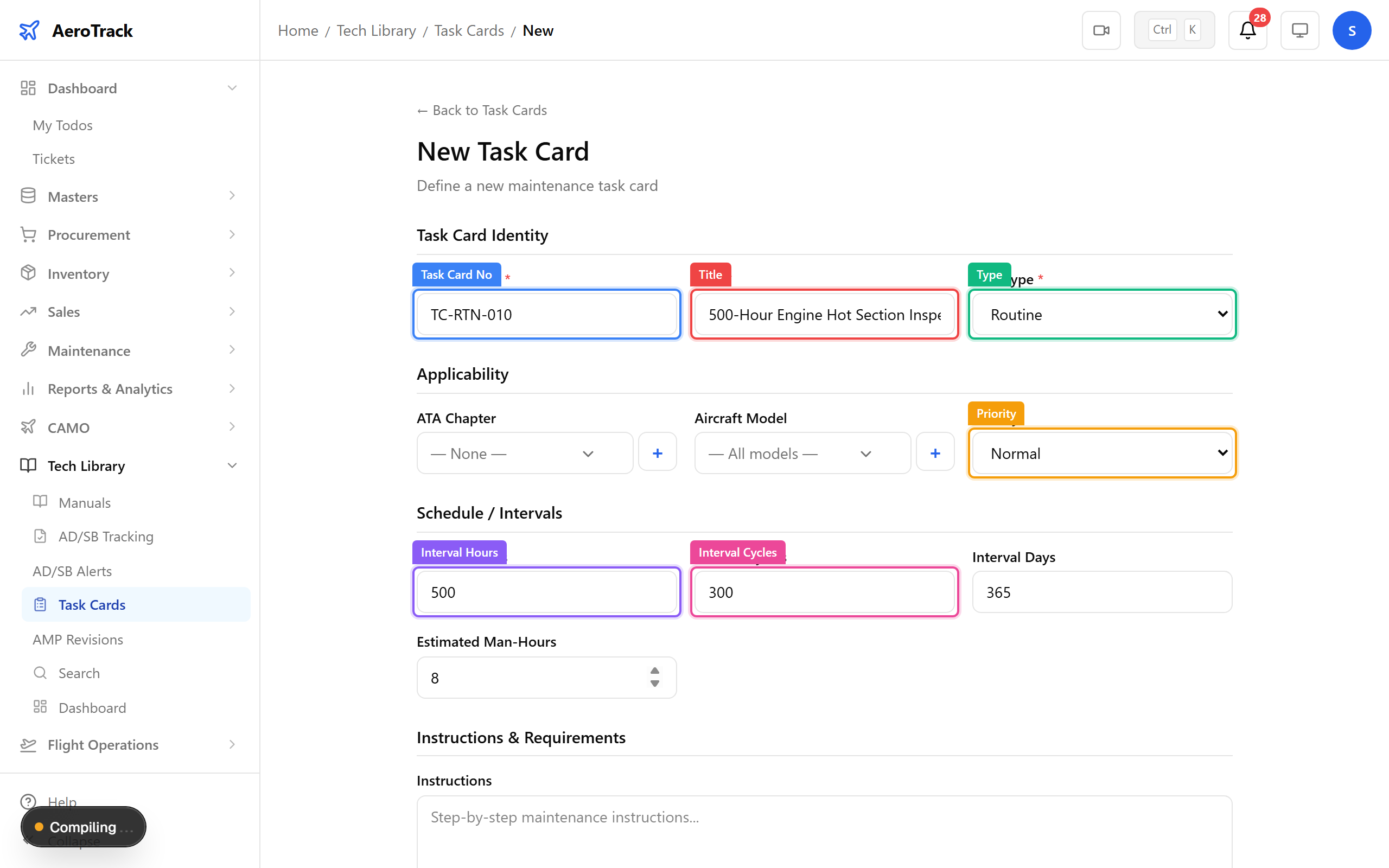 Task card creation form with annotated fields