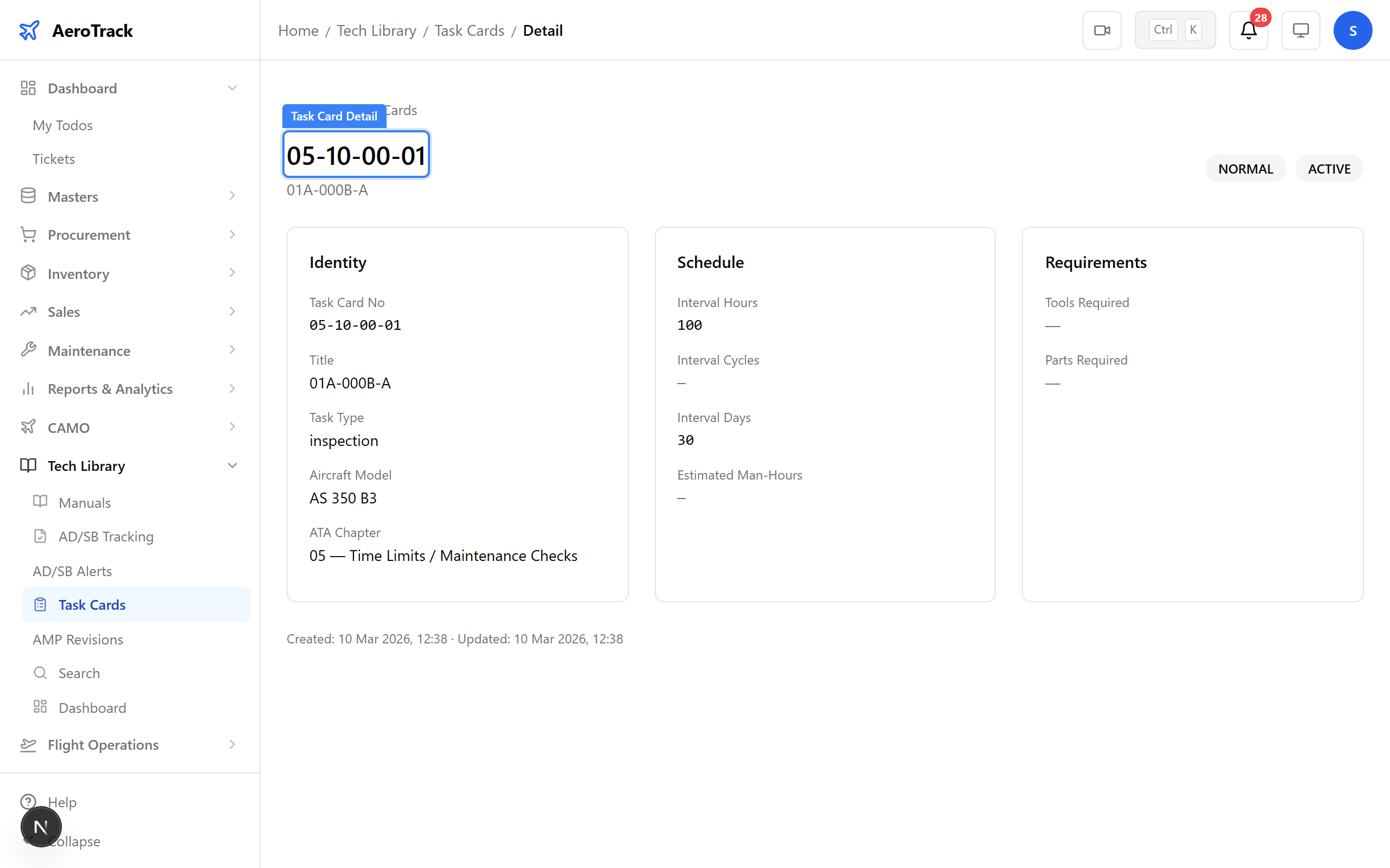 Task card detail page