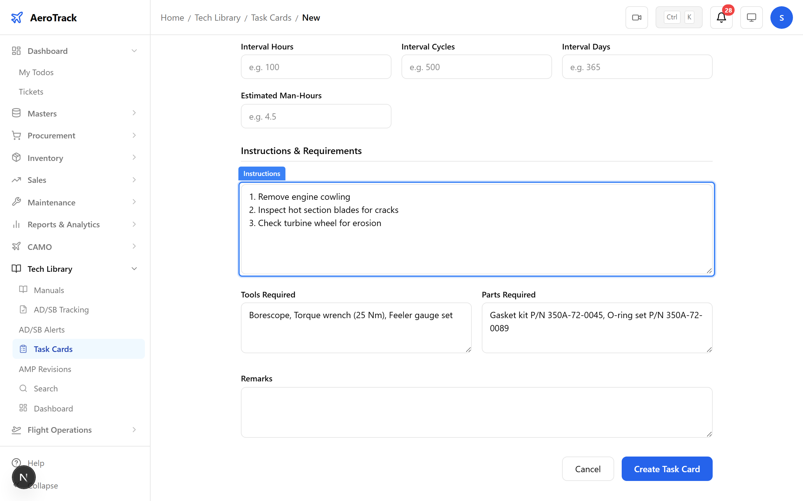 Task card instructions, tools, and parts section