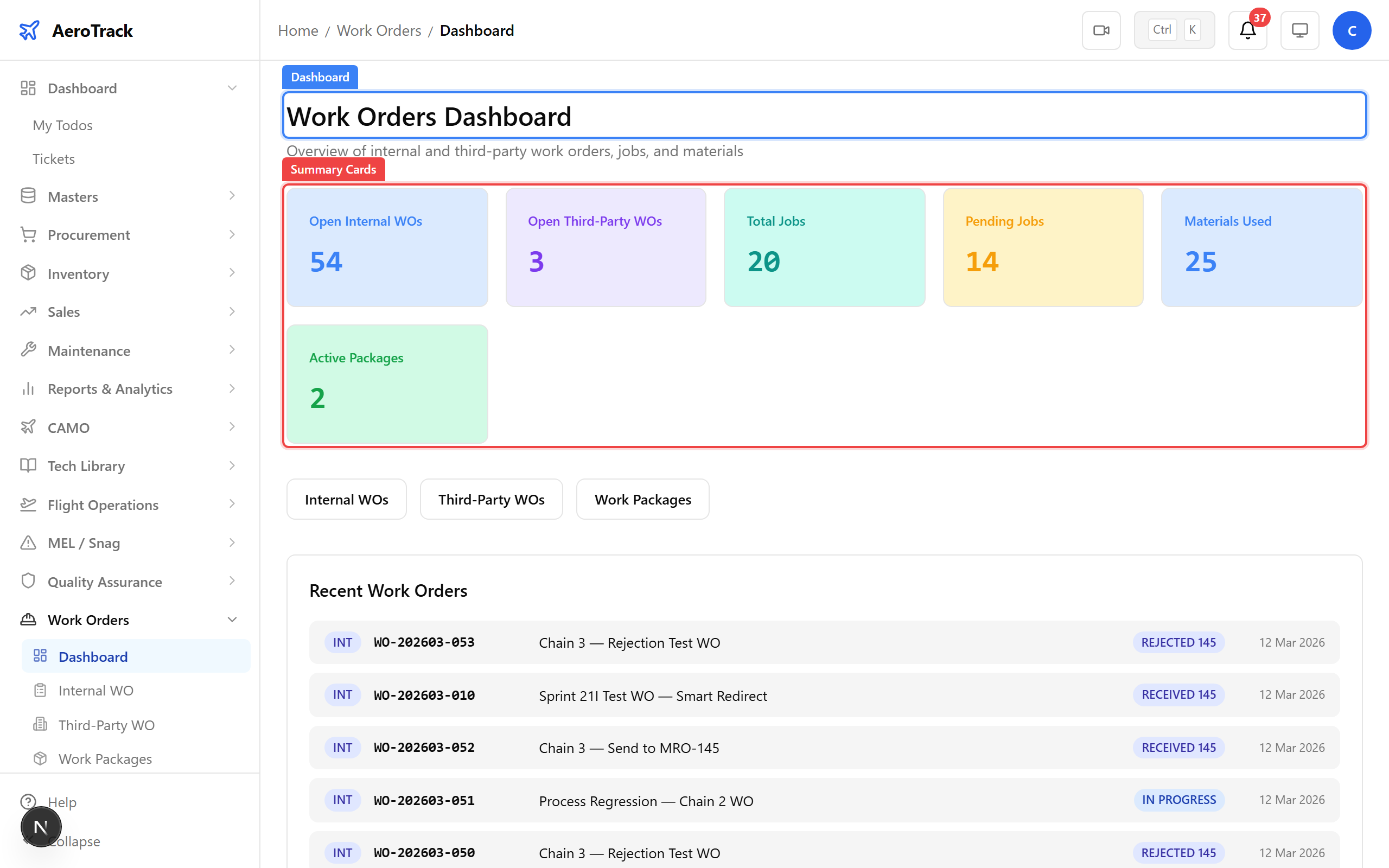 Work Orders dashboard