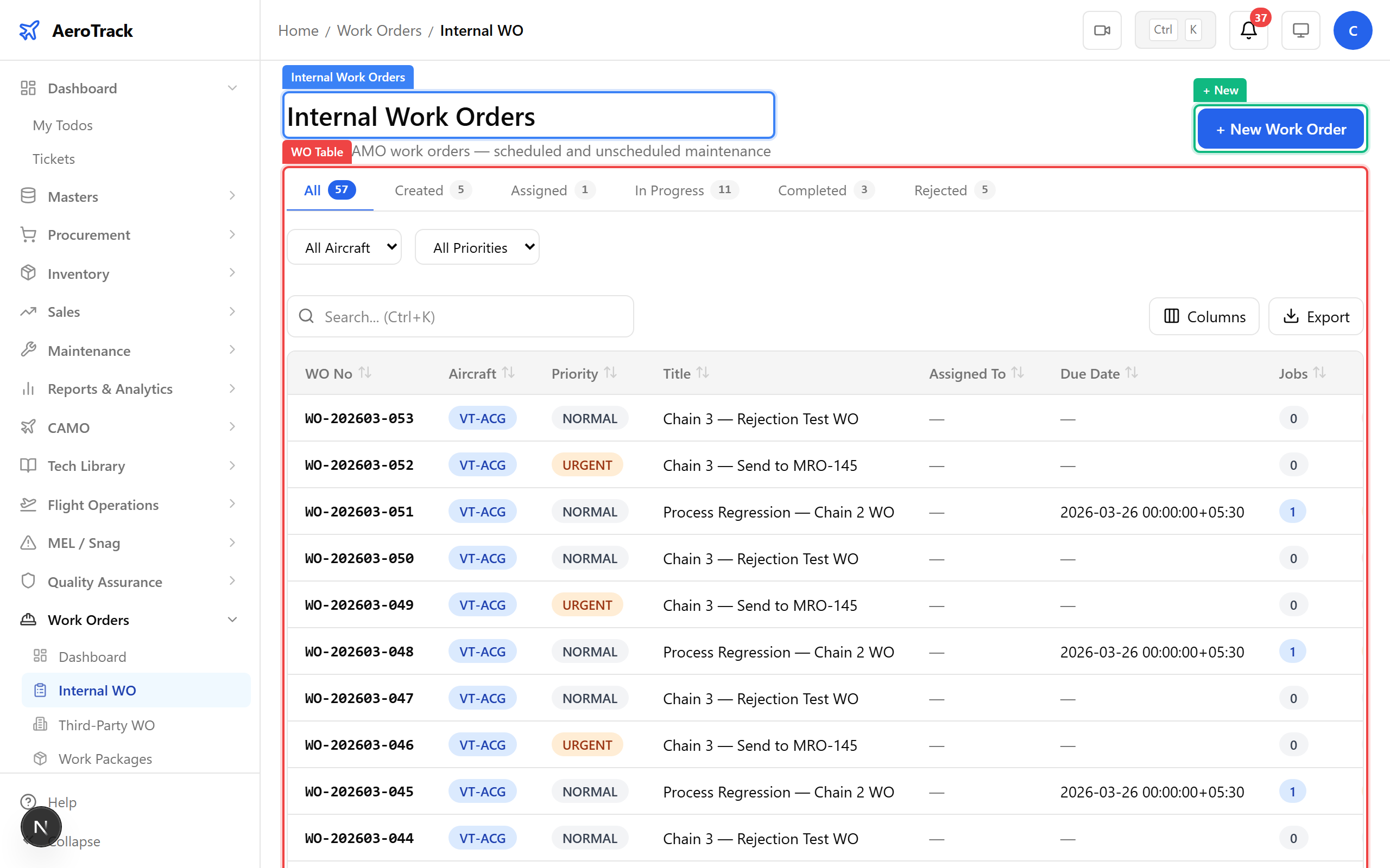 Internal work order list